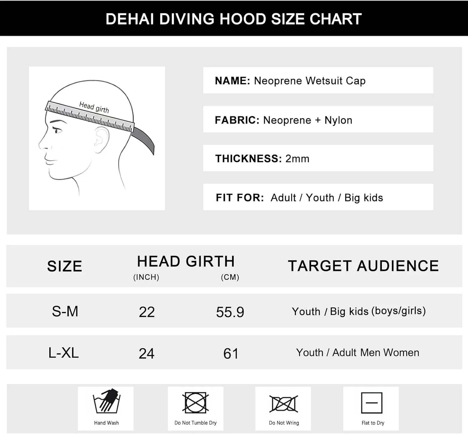 DEHAI Neoprene Diving Hood Wetsuit Swimming Caps for Womens Mens Youth, 2mm 3mm Thermal Water Beanie Hat Keep Long Hair Dry for Curly Locs Braids