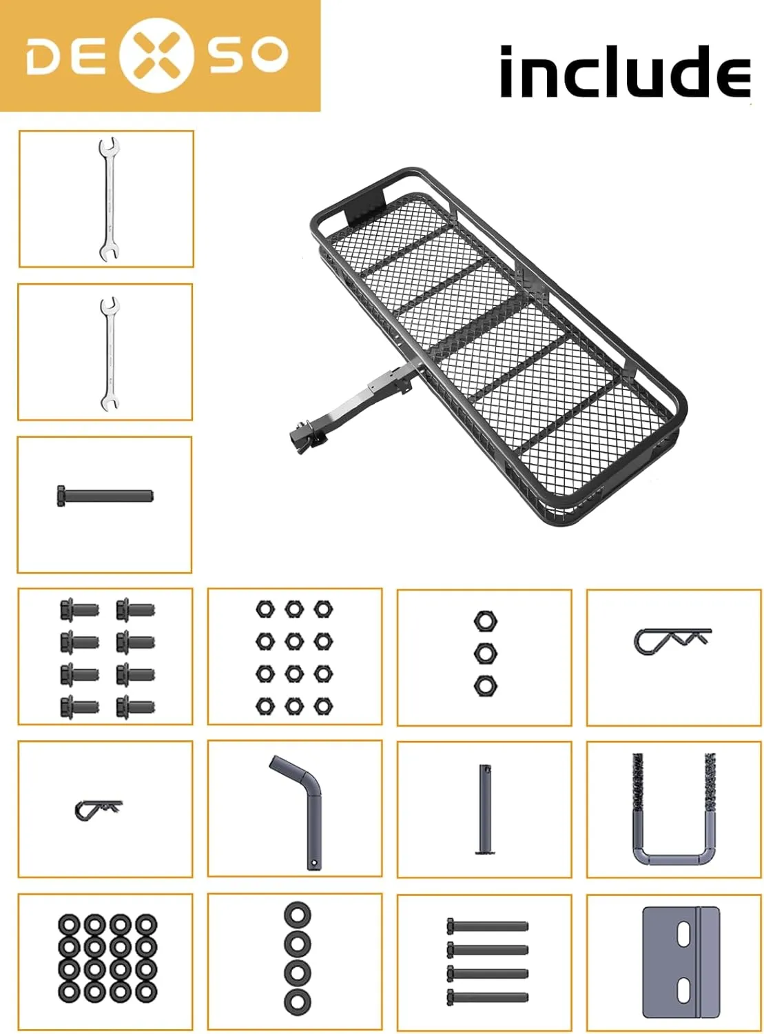 DEXSO 500 Lbs Heavy Duty Hitch Mount Cargo Carrier, 60" x 20" x 6" Folding Cargo Rack Rear Luggage Basket, Trailer Mount Steel with High Side Rails for Car SUV Camping Traveling