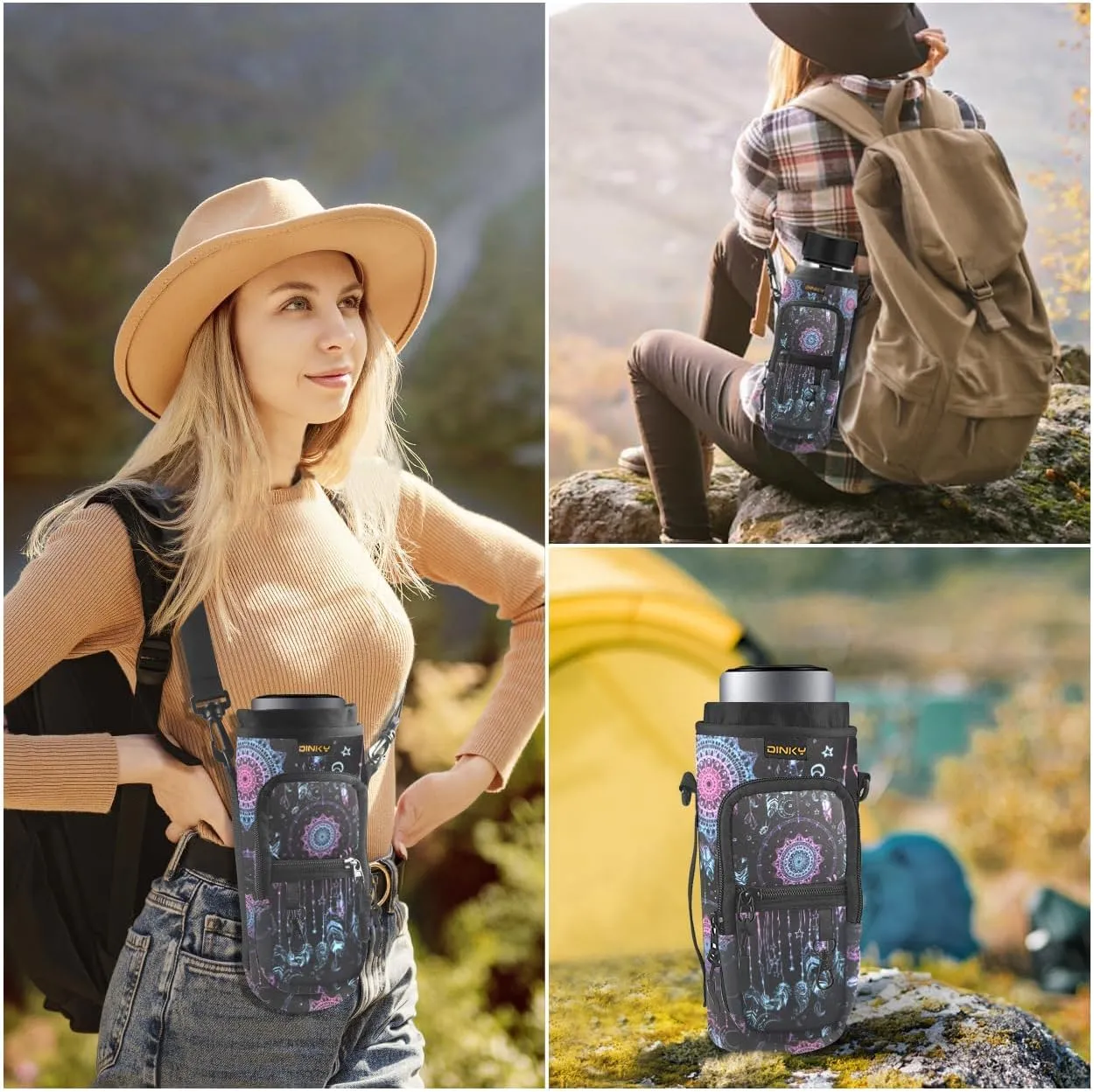 Dinky Water Bottle Carrier Bag with Adjustable Shoulder Strap - Neoprene Pouch Sleeve for Hiking, Camping and Fishing - Compatible with 32 oz, 40 oz Bottles