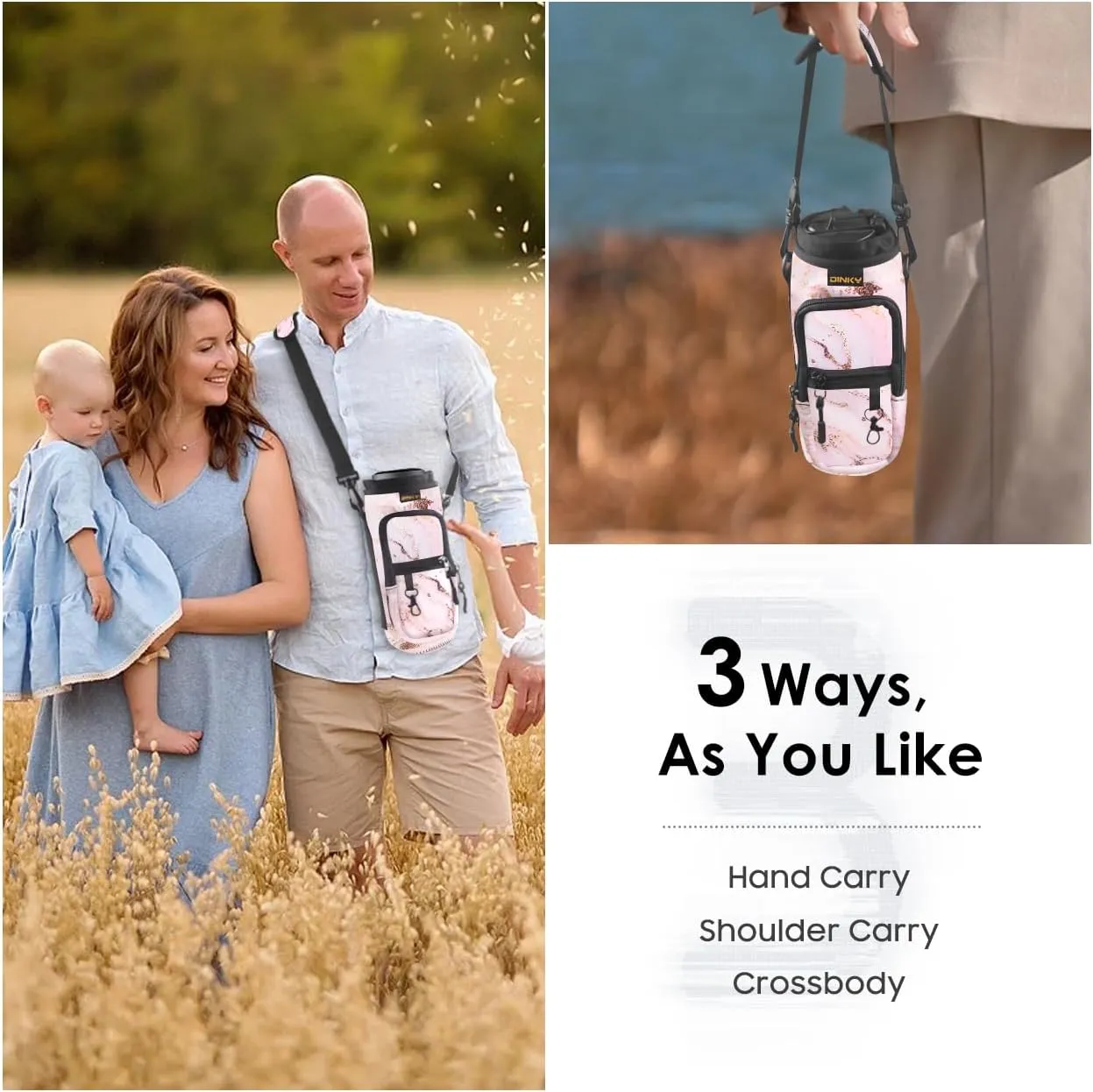 Dinky Water Bottle Carrier Bag with Adjustable Shoulder Strap - Neoprene Pouch Sleeve for Hiking, Camping and Fishing - Compatible with 32 oz, 40 oz Bottles