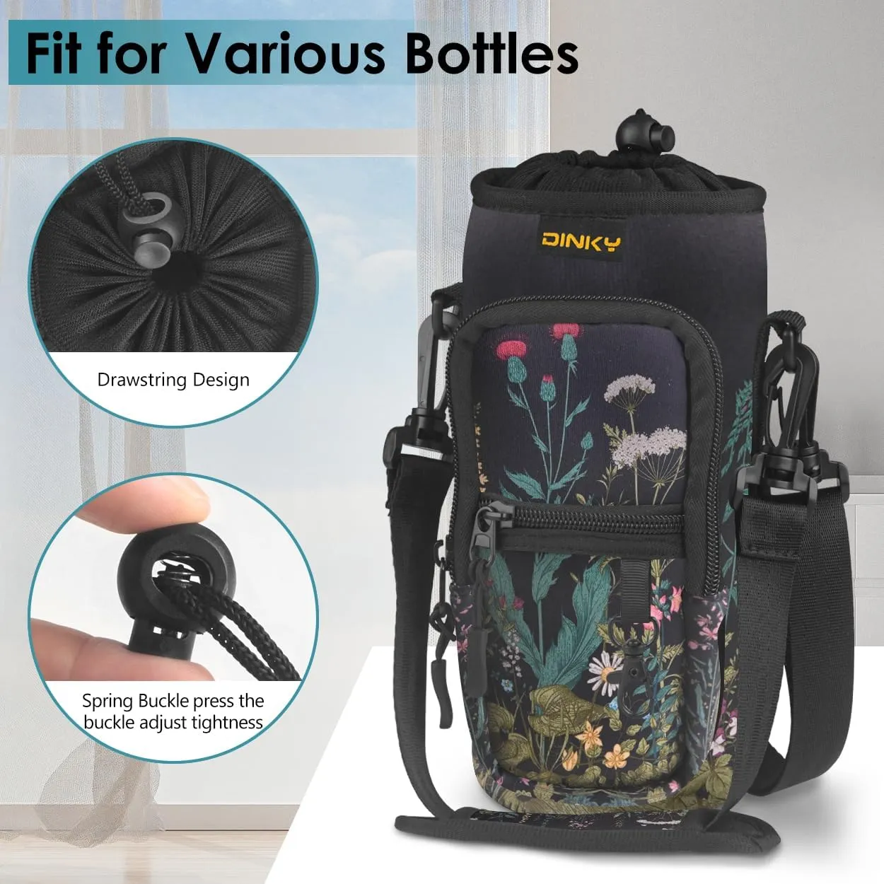 Dinky Water Bottle Carrier Bag with Adjustable Shoulder Strap - Neoprene Pouch Sleeve for Hiking, Camping and Fishing - Compatible with 32 oz, 40 oz Bottles