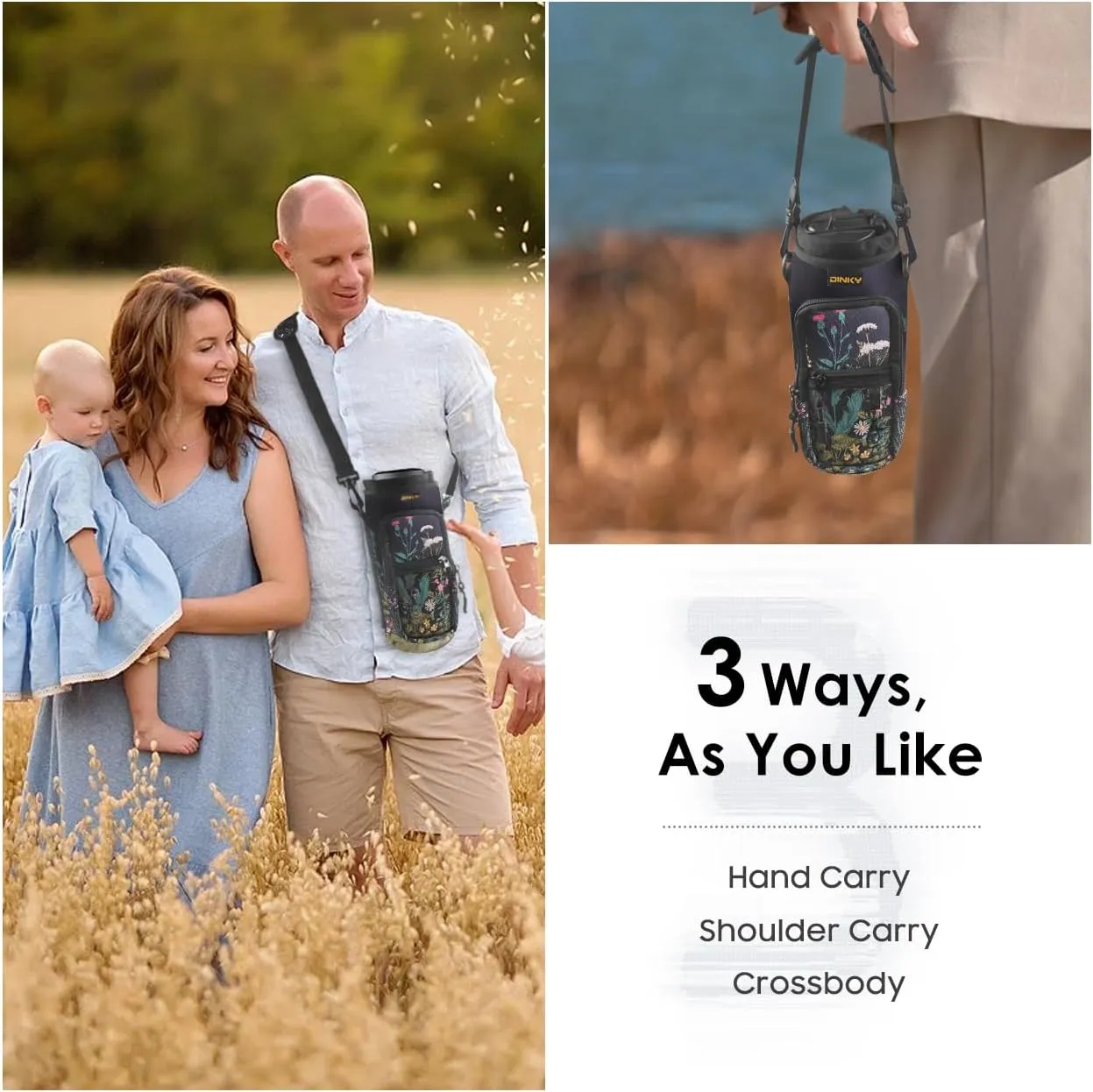 Dinky Water Bottle Carrier Bag with Adjustable Shoulder Strap - Neoprene Pouch Sleeve for Hiking, Camping and Fishing - Compatible with 32 oz, 40 oz Bottles