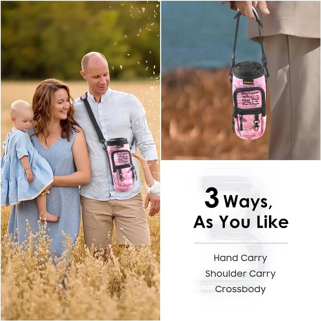 Dinky Water Bottle Carrier Bag with Adjustable Shoulder Strap - Neoprene Pouch Sleeve for Hiking, Camping and Fishing - Compatible with 32 oz, 40 oz Bottles