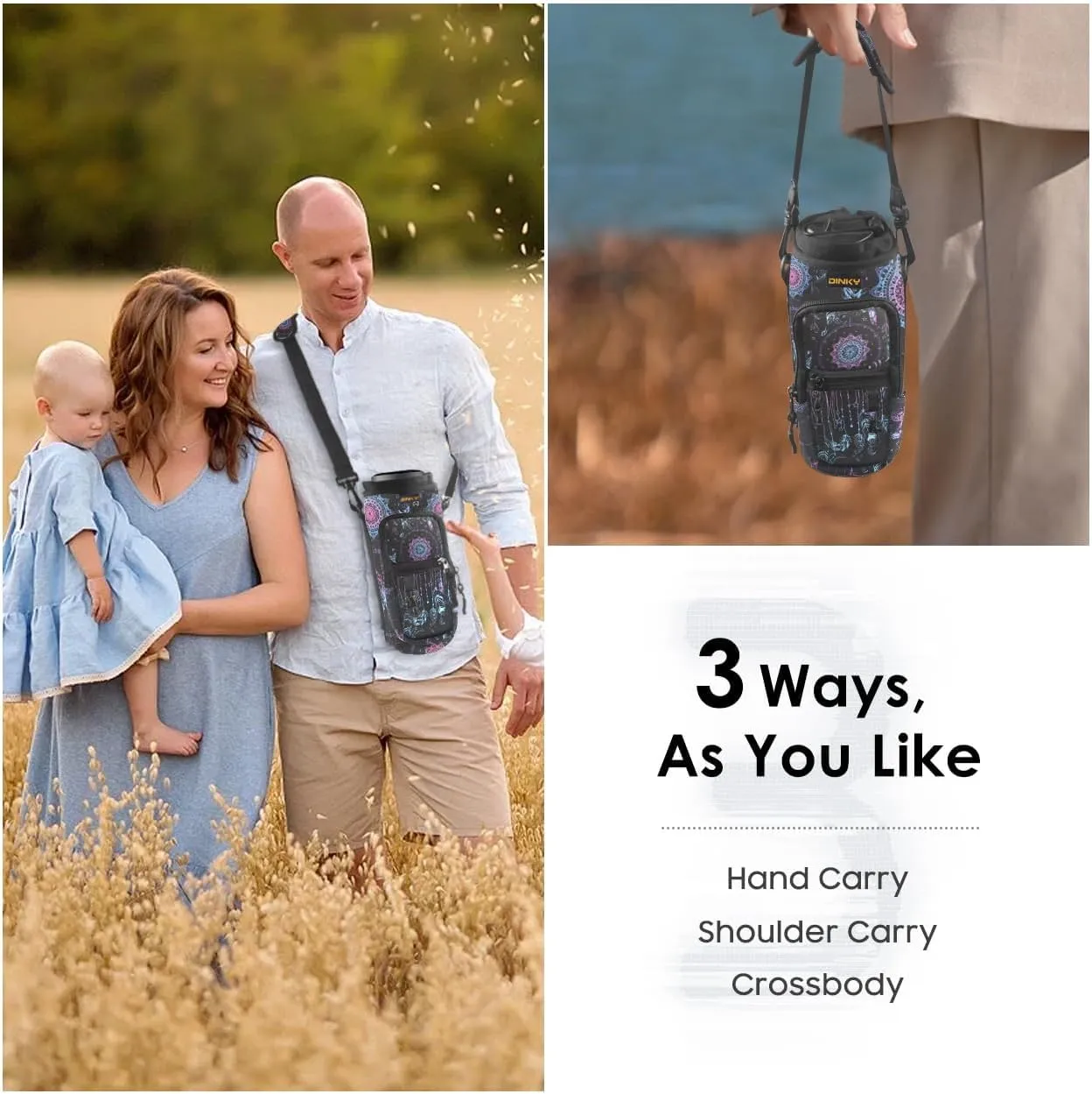 Dinky Water Bottle Carrier Bag with Adjustable Shoulder Strap - Neoprene Pouch Sleeve for Hiking, Camping and Fishing - Compatible with 32 oz, 40 oz Bottles