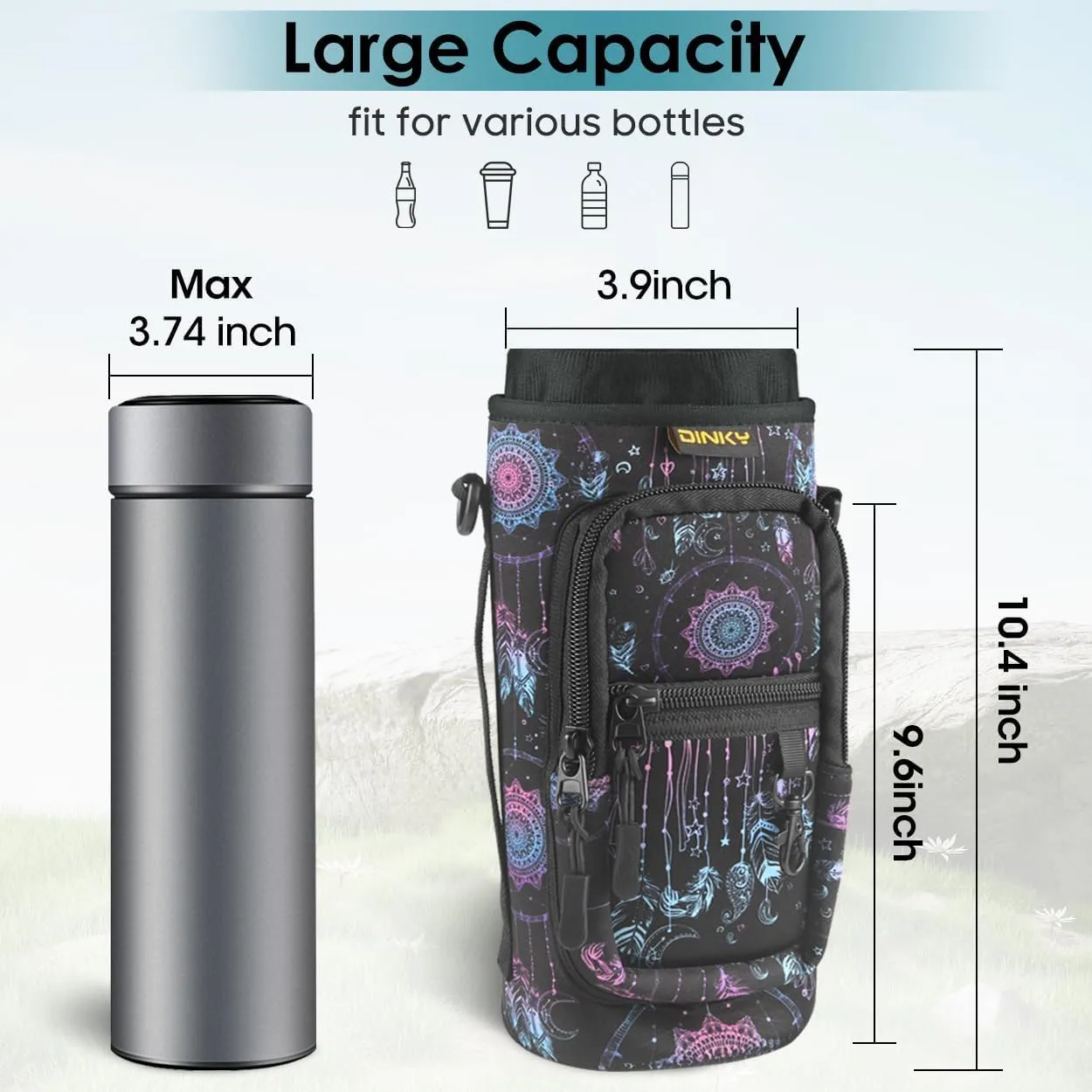 Dinky Water Bottle Carrier Bag with Adjustable Shoulder Strap - Neoprene Pouch Sleeve for Hiking, Camping and Fishing - Compatible with 32 oz, 40 oz Bottles