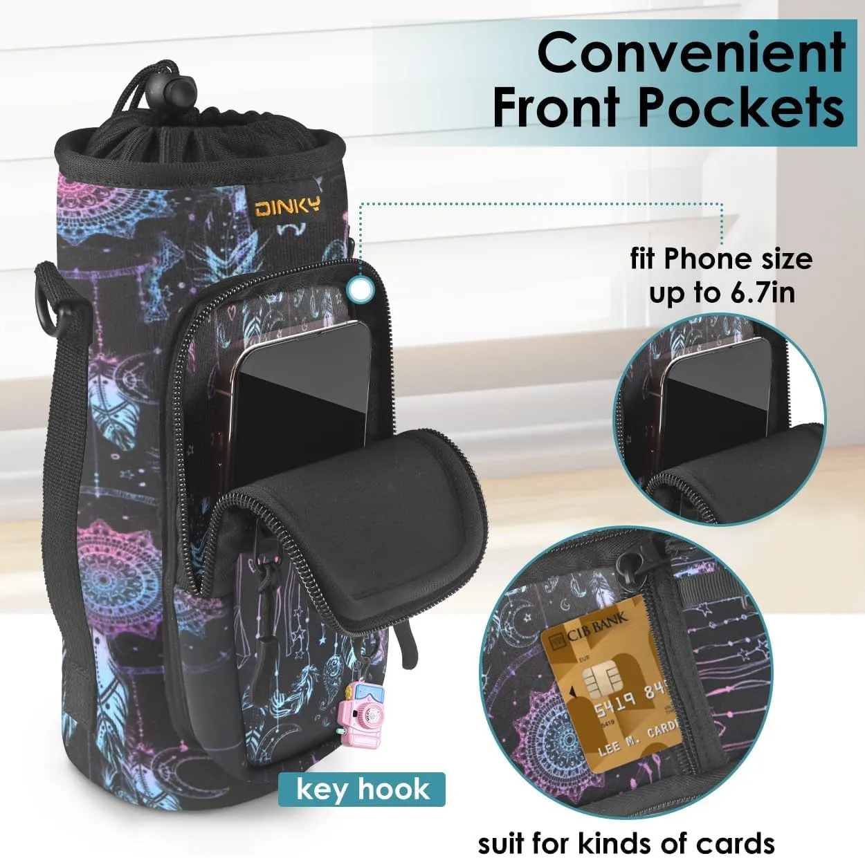 Dinky Water Bottle Carrier Bag with Adjustable Shoulder Strap - Neoprene Pouch Sleeve for Hiking, Camping and Fishing - Compatible with 32 oz, 40 oz Bottles