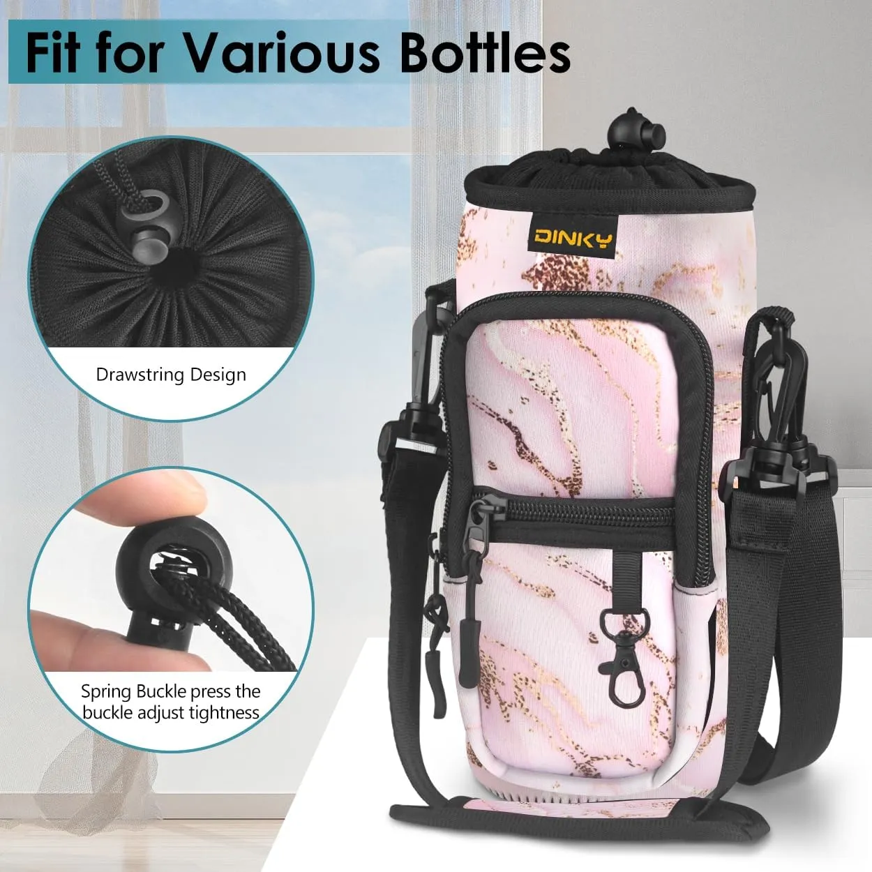 Dinky Water Bottle Carrier Bag with Adjustable Shoulder Strap - Neoprene Pouch Sleeve for Hiking, Camping and Fishing - Compatible with 32 oz, 40 oz Bottles