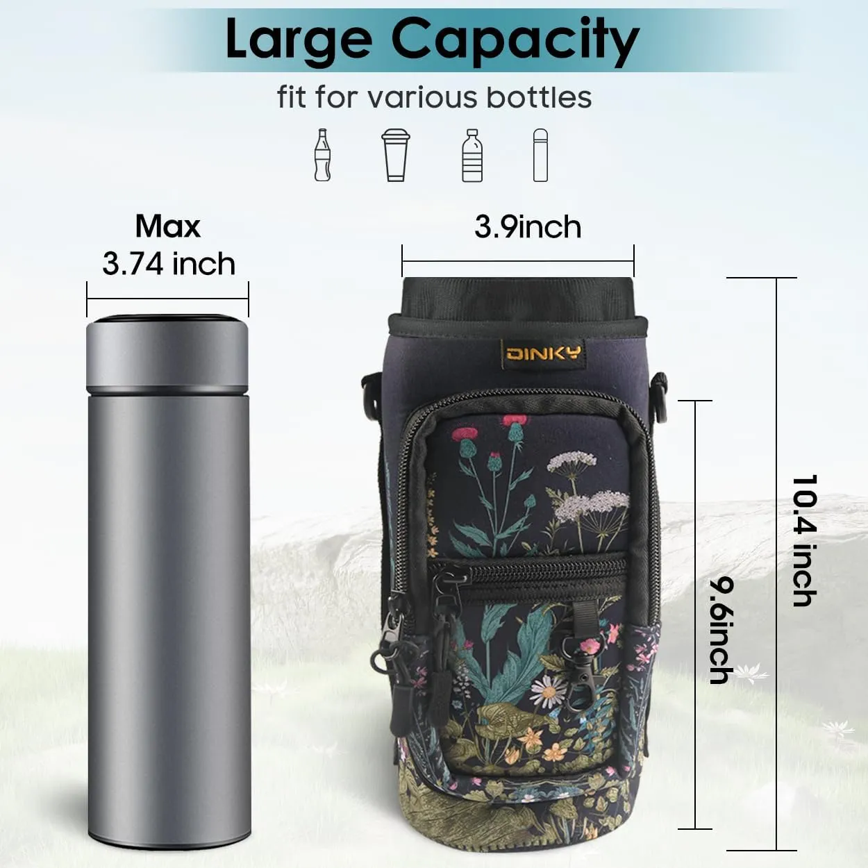 Dinky Water Bottle Carrier Bag with Adjustable Shoulder Strap - Neoprene Pouch Sleeve for Hiking, Camping and Fishing - Compatible with 32 oz, 40 oz Bottles