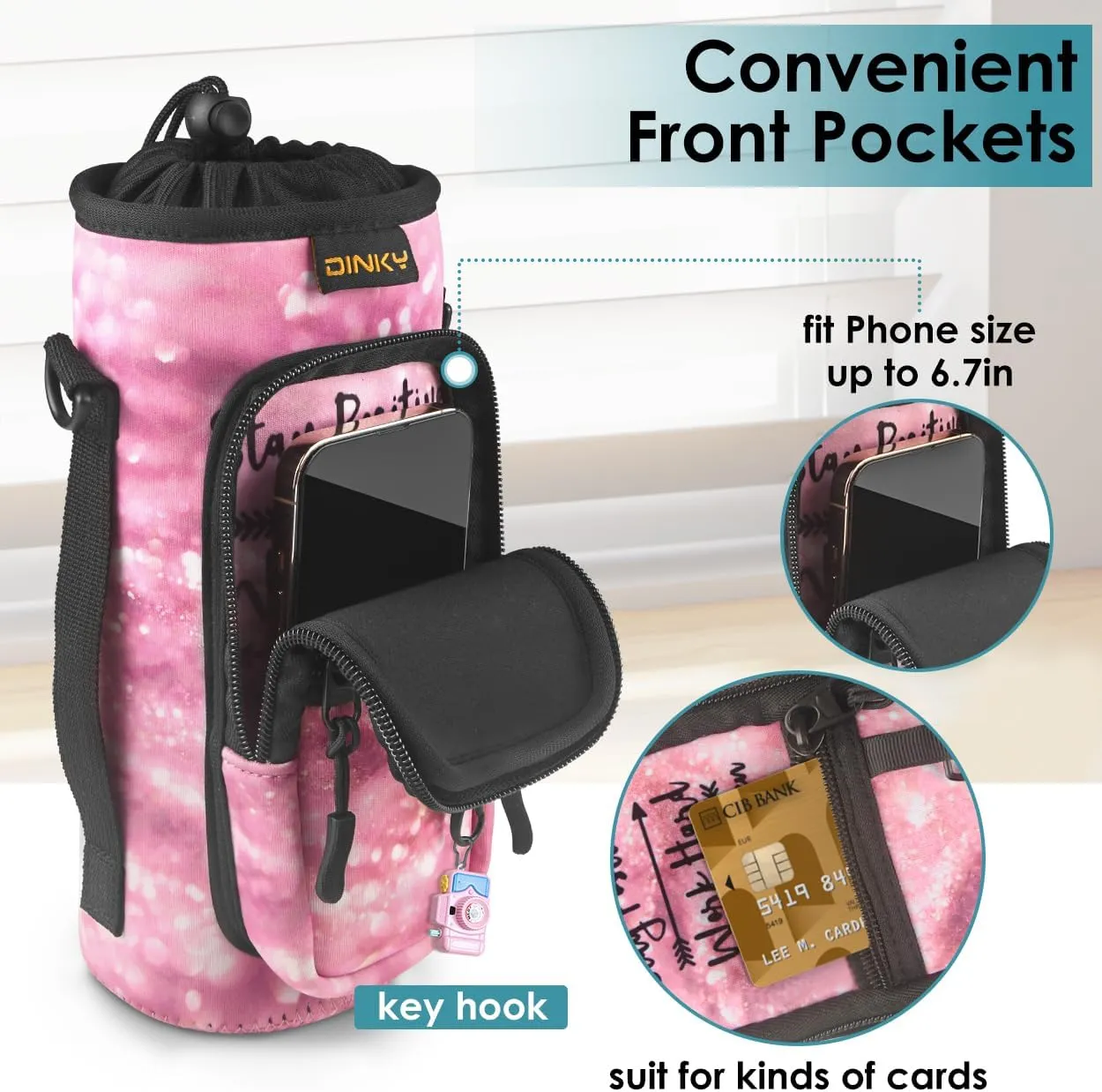Dinky Water Bottle Carrier Bag with Adjustable Shoulder Strap - Neoprene Pouch Sleeve for Hiking, Camping and Fishing - Compatible with 32 oz, 40 oz Bottles