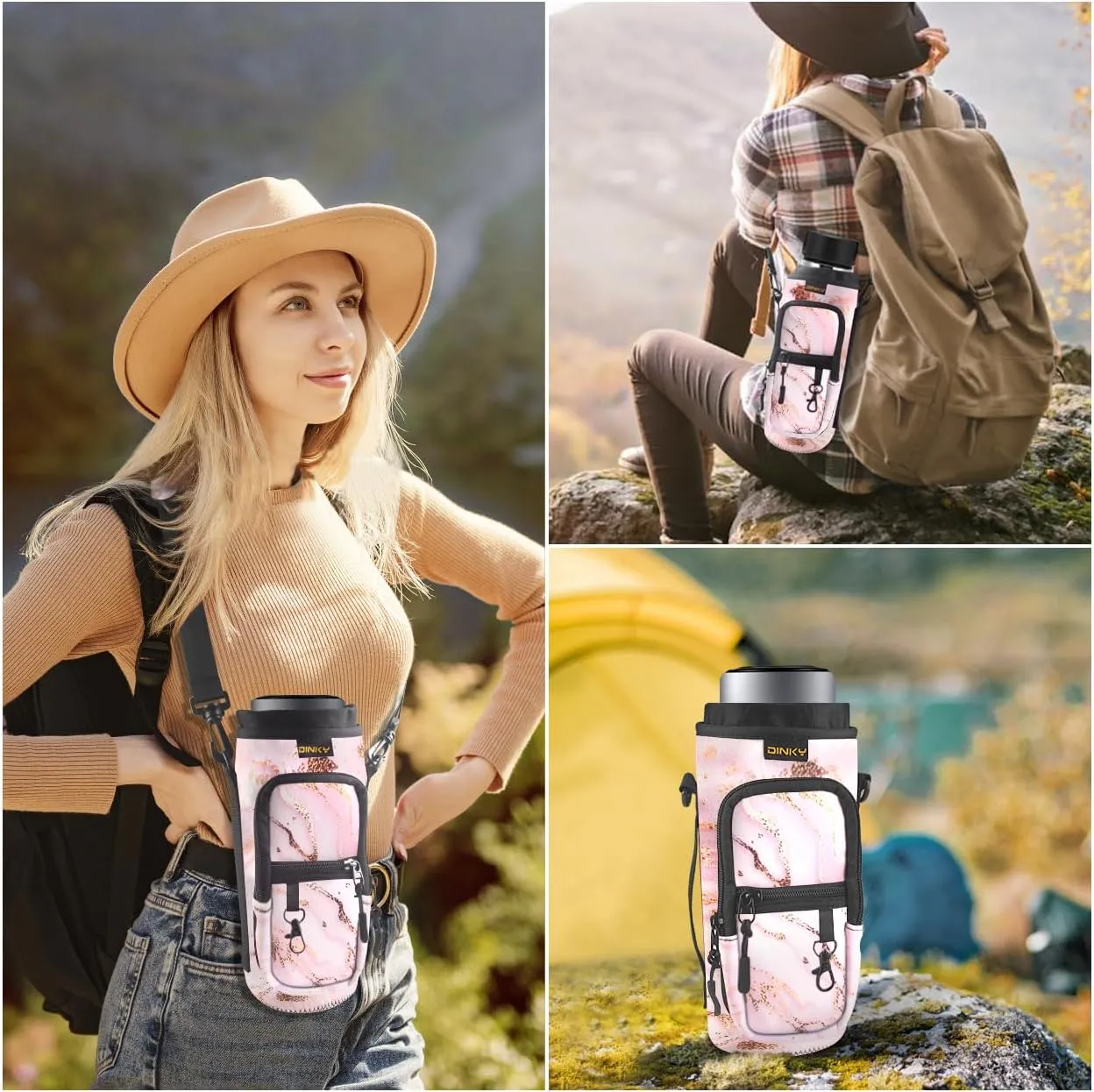 Dinky Water Bottle Carrier Bag with Adjustable Shoulder Strap - Neoprene Pouch Sleeve for Hiking, Camping and Fishing - Compatible with 32 oz, 40 oz Bottles