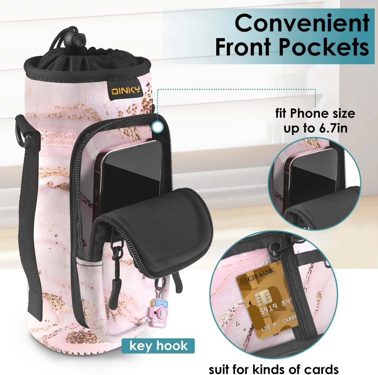 Dinky Water Bottle Carrier Bag with Adjustable Shoulder Strap - Neoprene Pouch Sleeve for Hiking, Camping and Fishing - Compatible with 32 oz, 40 oz Bottles
