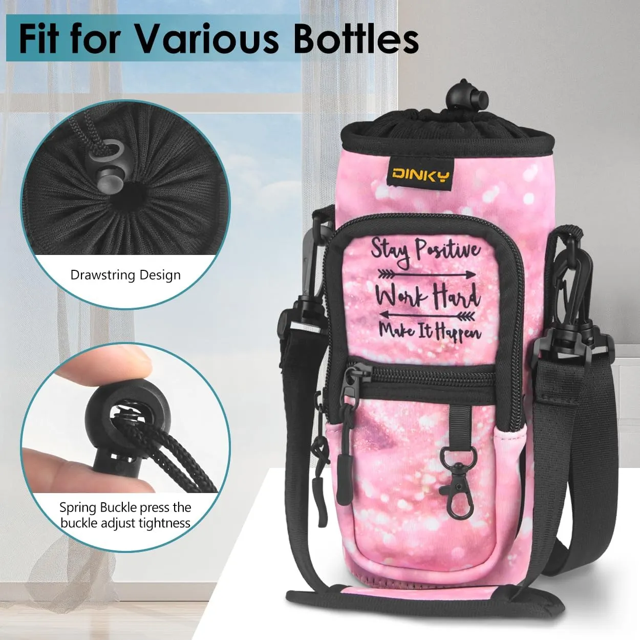Dinky Water Bottle Carrier Bag with Adjustable Shoulder Strap - Neoprene Pouch Sleeve for Hiking, Camping and Fishing - Compatible with 32 oz, 40 oz Bottles