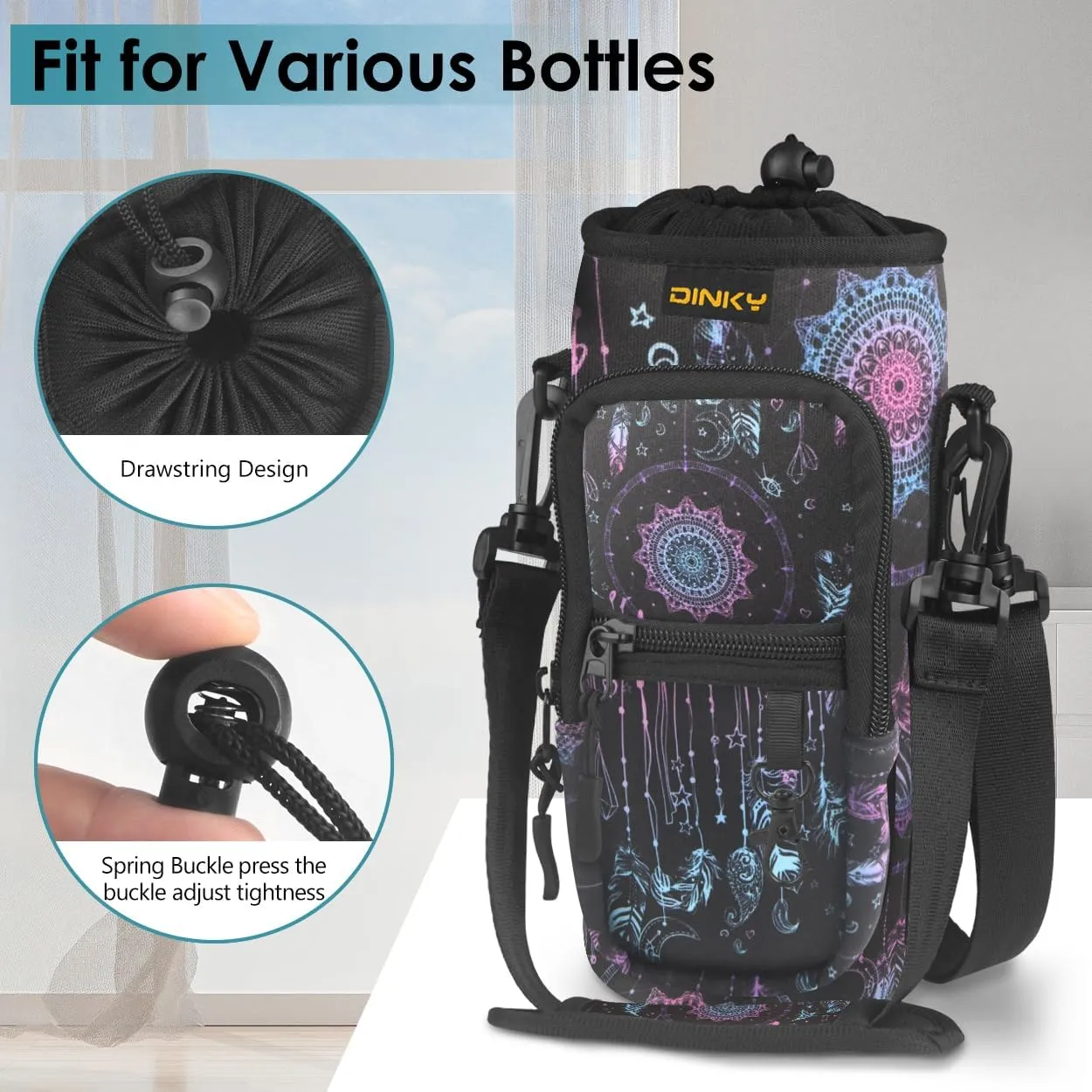 Dinky Water Bottle Carrier Bag with Adjustable Shoulder Strap - Neoprene Pouch Sleeve for Hiking, Camping and Fishing - Compatible with 32 oz, 40 oz Bottles