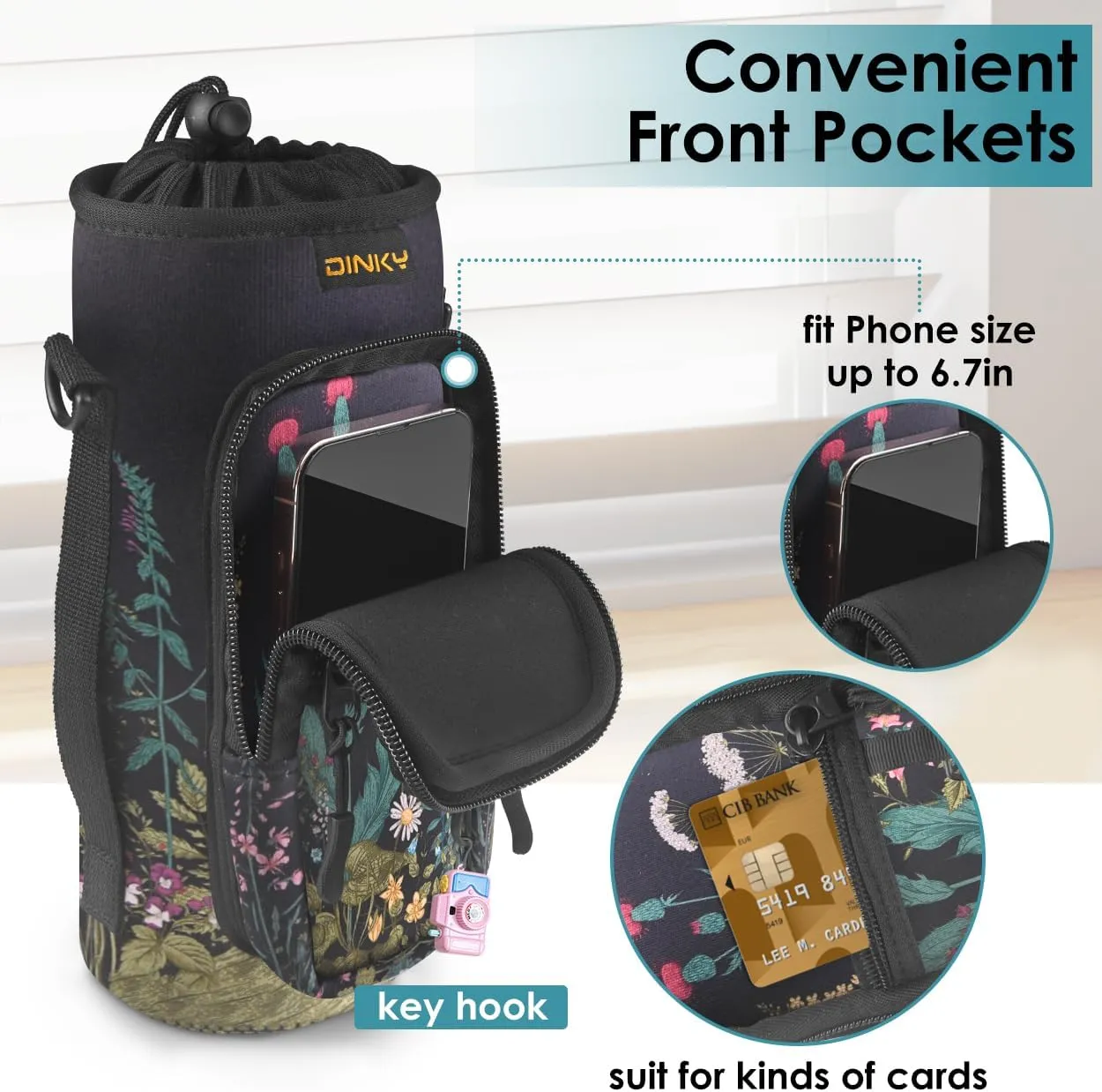 Dinky Water Bottle Carrier Bag with Adjustable Shoulder Strap - Neoprene Pouch Sleeve for Hiking, Camping and Fishing - Compatible with 32 oz, 40 oz Bottles