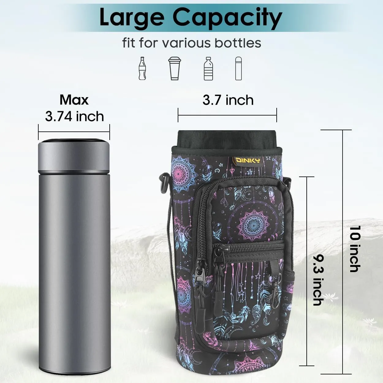Dinky Water Bottle Carrier Bag with Adjustable Shoulder Strap - Neoprene Pouch Sleeve for Hiking, Camping and Fishing - Compatible with 32 oz, 40 oz Bottles