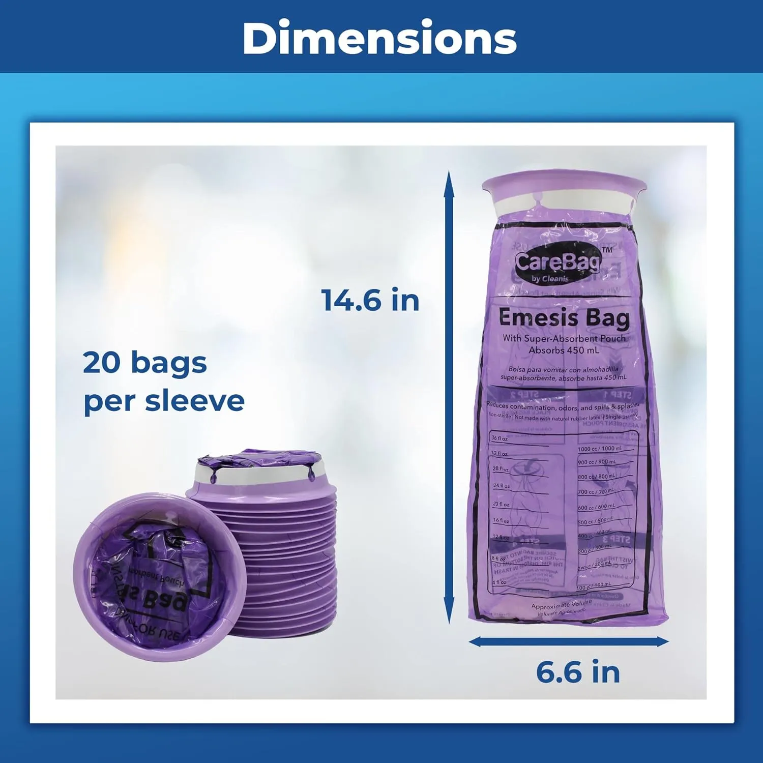 Disposable Emesis CareBag with Super Absorbent Pouch- Absorbs 16 oz.– 20 Vomit Bags- No More Leaks and Splashes- Single Use- Reduces Odors - Medical Grade- by Cleanis