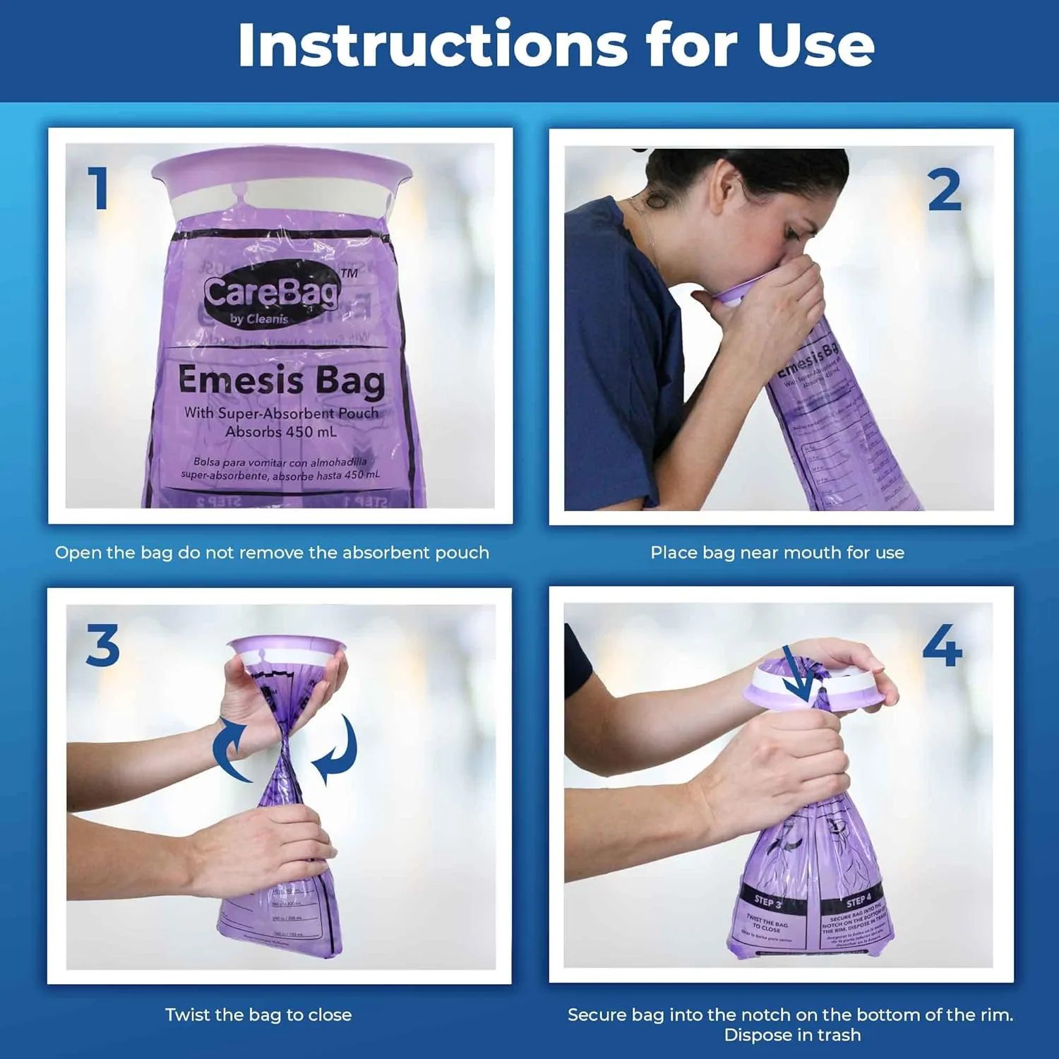 Disposable Emesis CareBag with Super Absorbent Pouch- Absorbs 16 oz.– 20 Vomit Bags- No More Leaks and Splashes- Single Use- Reduces Odors - Medical Grade- by Cleanis