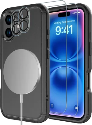 Diverbox for iPhone 16 Case [Compatible with MagSafe] [Shockproof] [Dropproof] [Tempered Glass Screen Protector   Camera Protectors] Heavy Duty Protection Phone Cover for iPhone 16 (Magnetic Black)