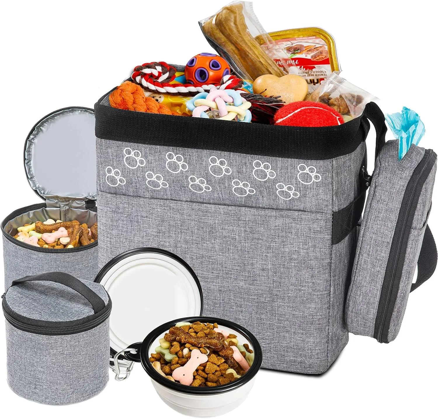 Dog Travel Bag with Treat Pouch, Airline Approved Dog Bags for Traveling, 2 Dog Food Travel Container, 2 Travel Bowls, Weekend Dog Travel Bag for Supplies, Dog Travel Kit Accessories