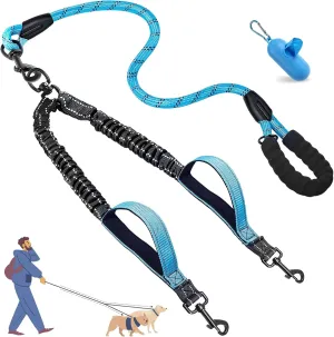 Double Dog Leash for 2 Dogs，Tangle-Free 360° Swivel & Shock-Absorbing Bungee for Medium and Large Dogs，Double Dog Leash with Padded Handles(25-150 lbs, Blue)