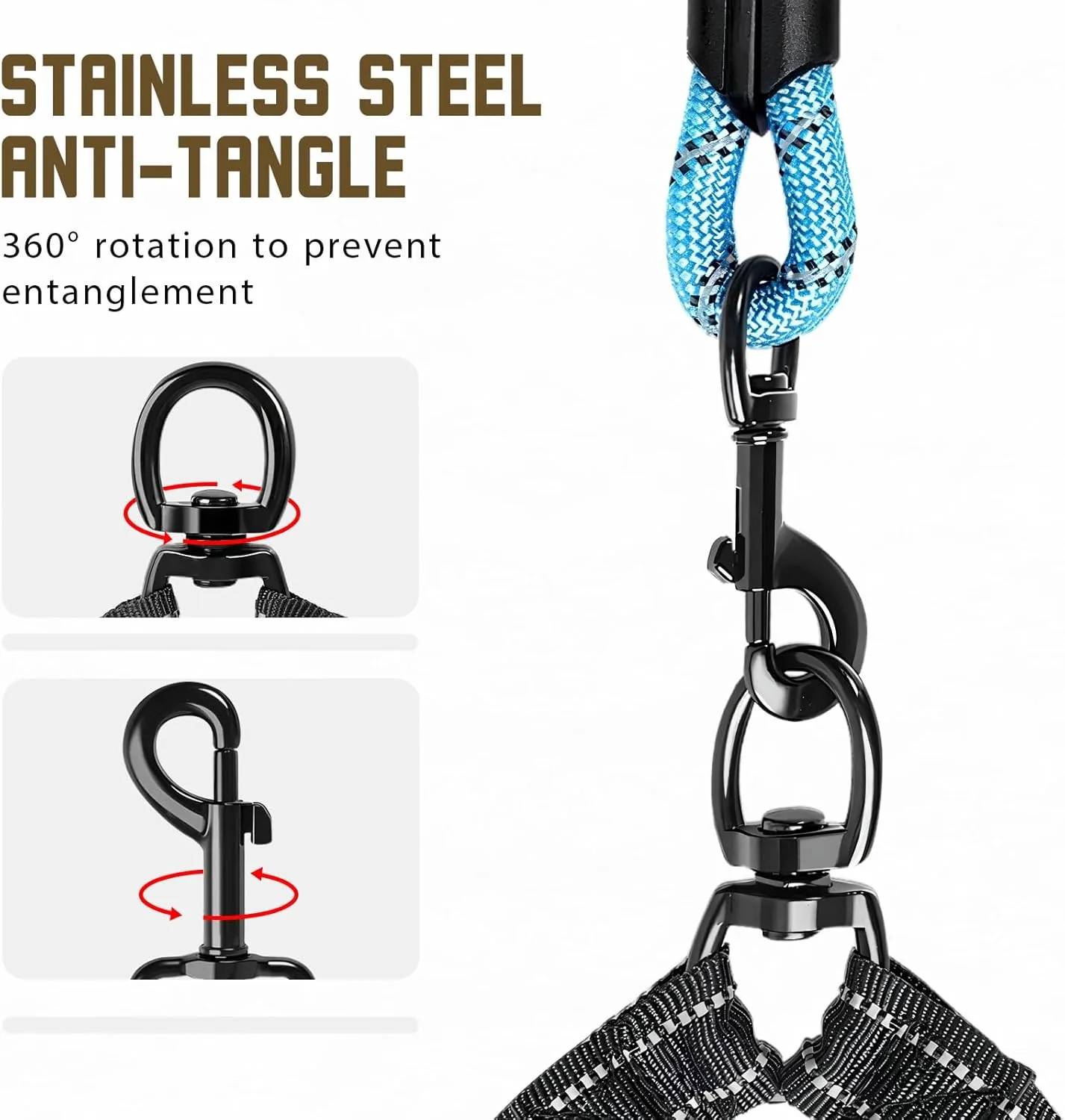 Double Dog Leash for 2 Dogs，Tangle-Free 360° Swivel & Shock-Absorbing Bungee for Medium and Large Dogs，Double Dog Leash with Padded Handles(25-150 lbs, Blue)