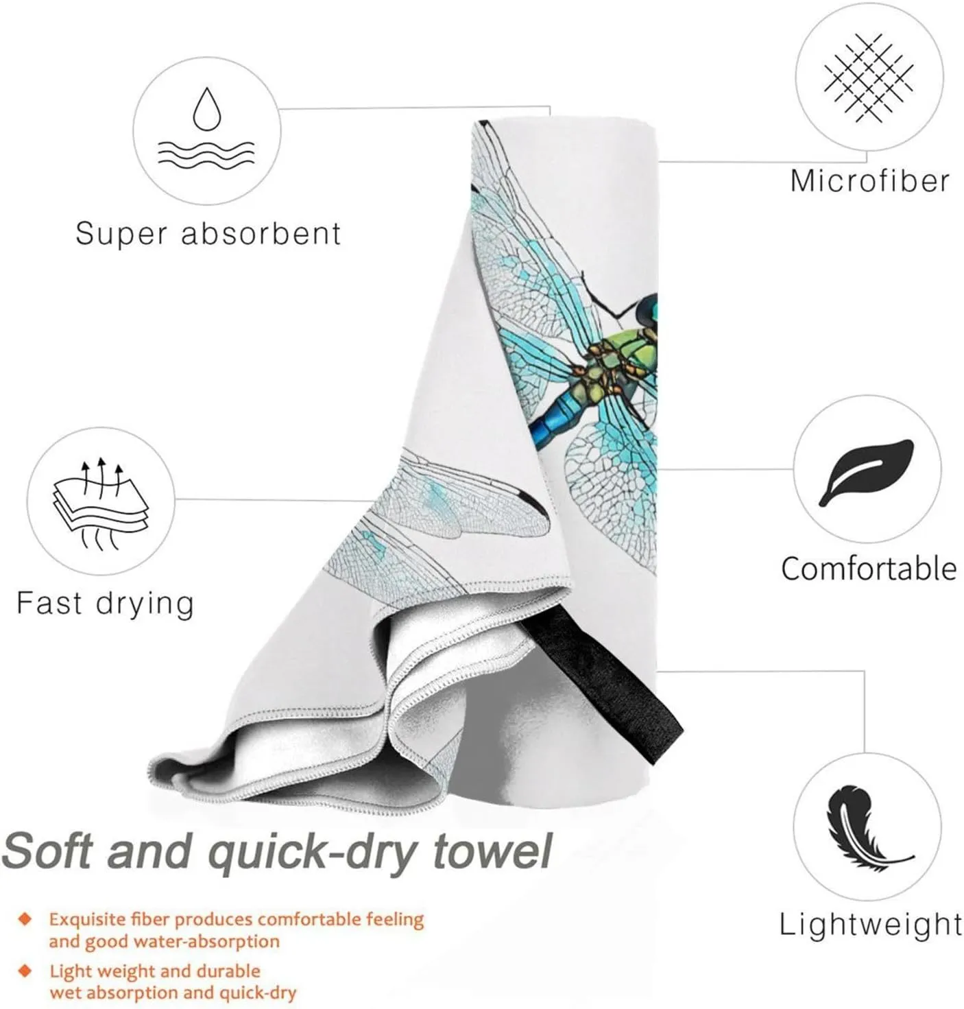 Dragonfly Print Premium Compact Microfiber Travel Towel-Featherlight & Quick Dry,Sand-Resistant Beach Towel for Swimming,Camping,Vacation Essentials with Carry Pouch