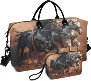 Duffel Bag Set for Travel Gym Sport, Weekender Bag Carry on Overnight Bags for Women Men-Black White Horse Run Print