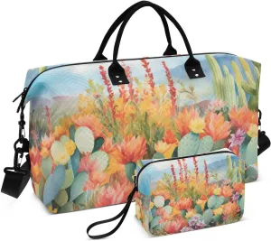 Duffel Bag Set for Travel Gym Sport, Weekender Bag Carry on Overnight Bags for Women Men-Cactus Bush Print