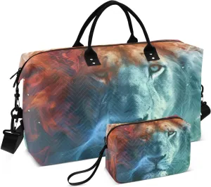 Duffel Bag Set for Travel Gym Sport, Weekender Bag Carry on Overnight Bags for Women Men-Handsome Lion Print