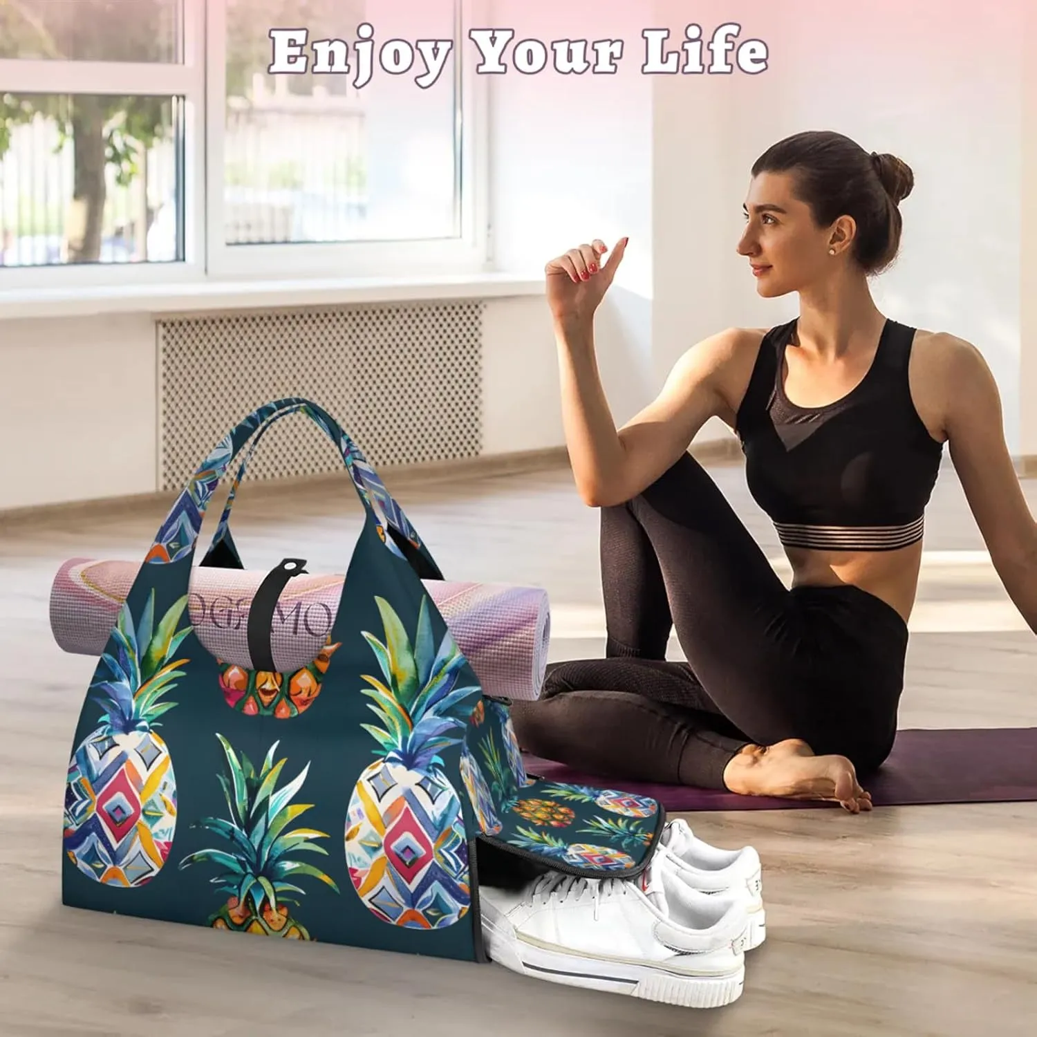 Duffel Bag Yoga Bag for WomenPineapples Printed Beach Bag with Shoe Storage & Yoga Mat Strap