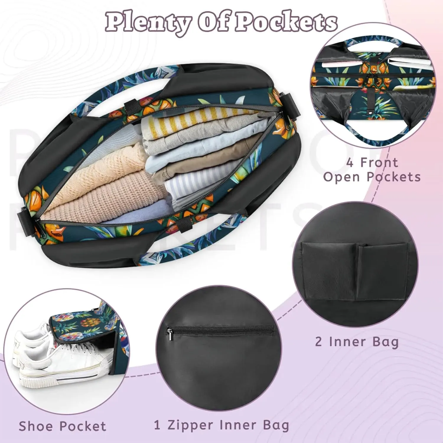 Duffel Bag Yoga Bag for WomenPineapples Printed Beach Bag with Shoe Storage & Yoga Mat Strap