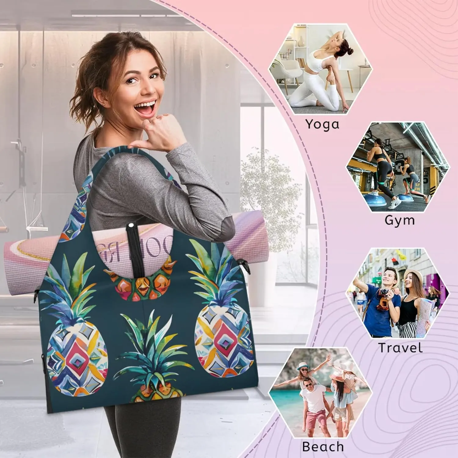 Duffel Bag Yoga Bag for WomenPineapples Printed Beach Bag with Shoe Storage & Yoga Mat Strap