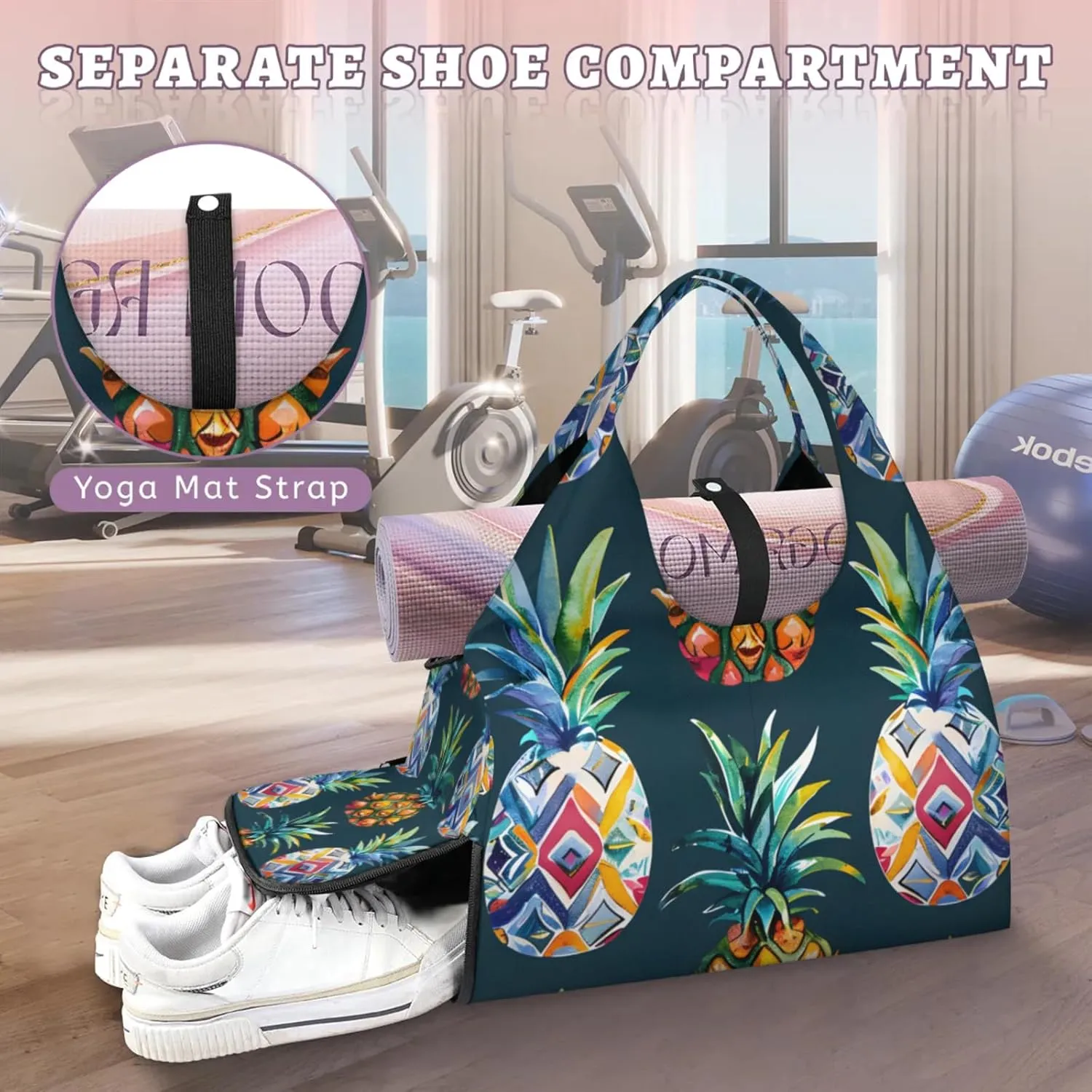 Duffel Bag Yoga Bag for WomenPineapples Printed Beach Bag with Shoe Storage & Yoga Mat Strap