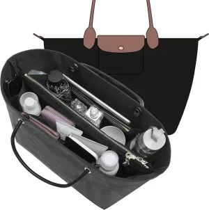 DupontPaper Purse Organizer Insert for Longchamp LePliage Large, Black, Bag Shaper with Key Leash& 17 Compartments, Upgraded Elastic Cup Holder   Anti-Slip Middle Zipper Divider