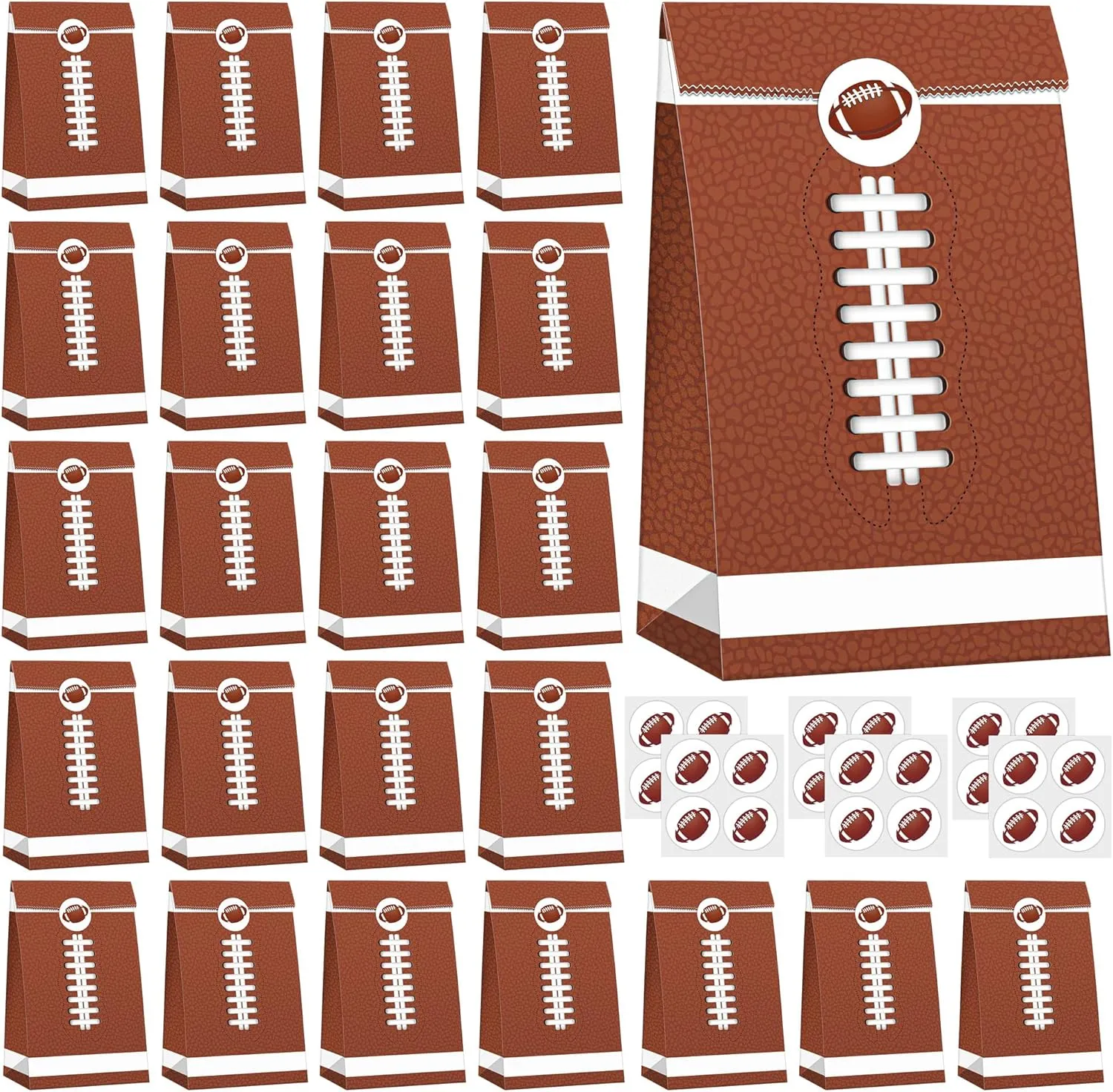 durony 24 Pack Football Gift Bags Paper Treat Bags Football Print Goodie Bags with Stickers for Sports Theme Party Decorations, Game Celebration Supplies
