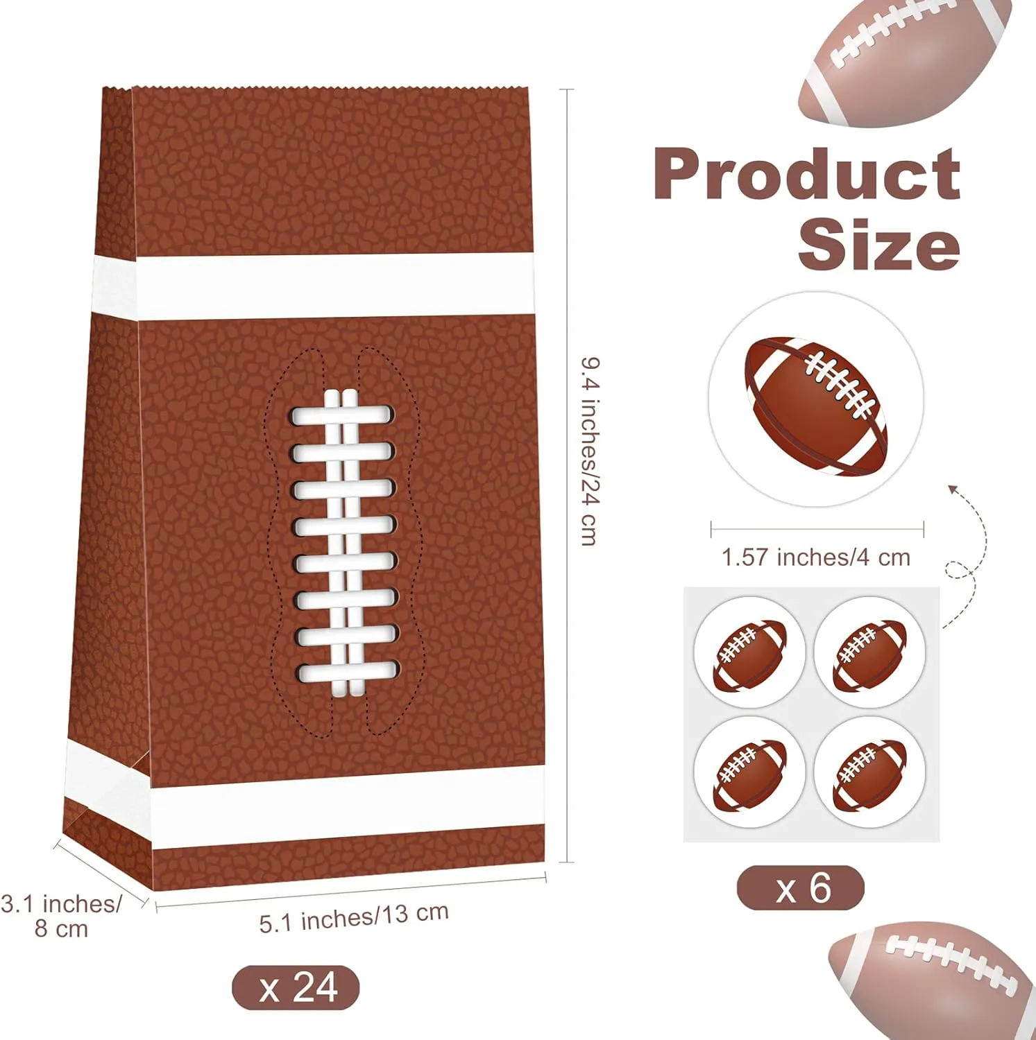 durony 24 Pack Football Gift Bags Paper Treat Bags Football Print Goodie Bags with Stickers for Sports Theme Party Decorations, Game Celebration Supplies