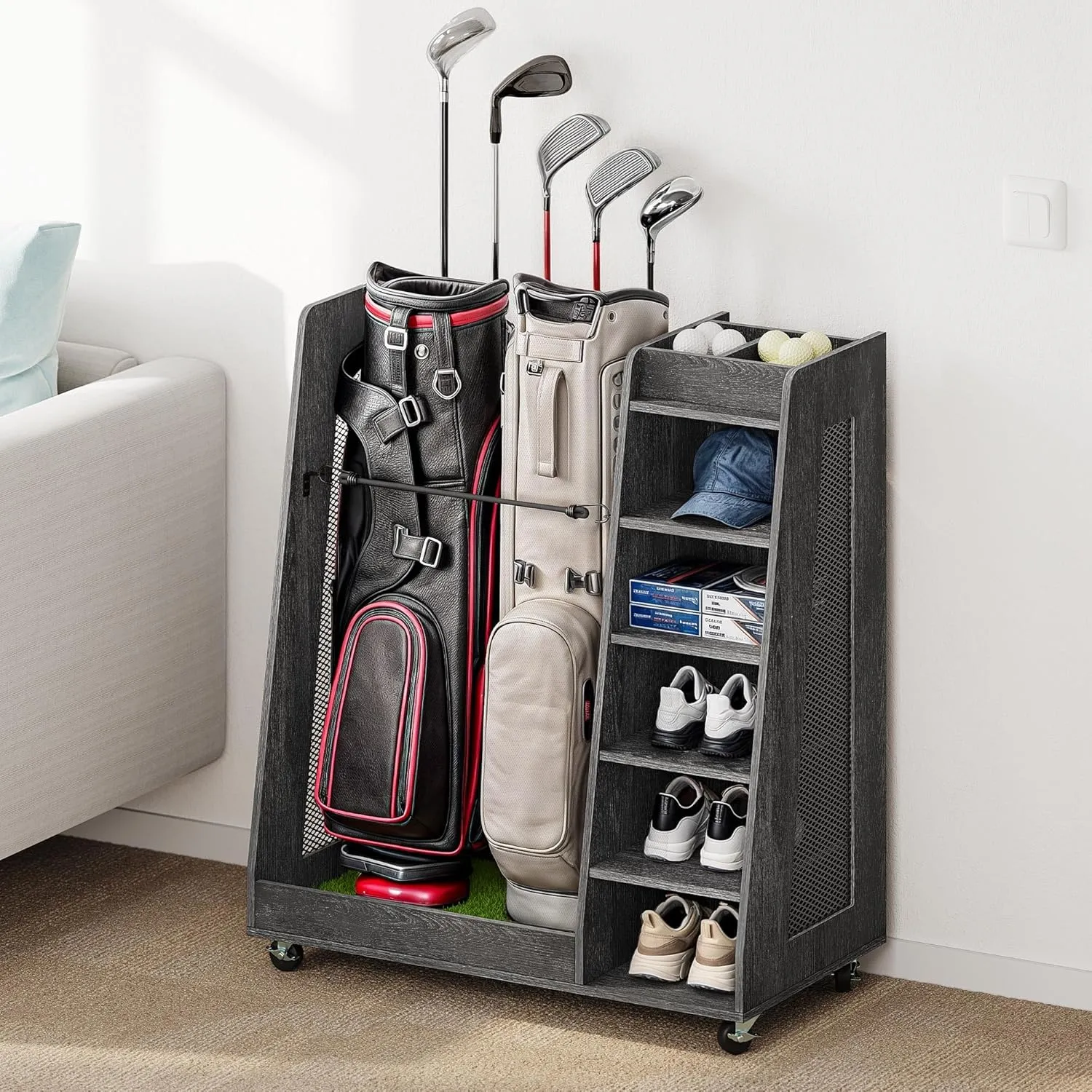 DWVO Golf Bag Organizer for Garage, Wooden 2 Golf Bag Stand Holder with Wheels, Golf Storage for Golf Bags, Clubs, Balls and Other Equipment Accessories