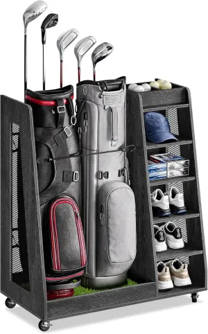 DWVO Golf Bag Organizer for Garage, Wooden 2 Golf Bag Stand Holder with Wheels, Golf Storage for Golf Bags, Clubs, Balls and Other Equipment Accessories