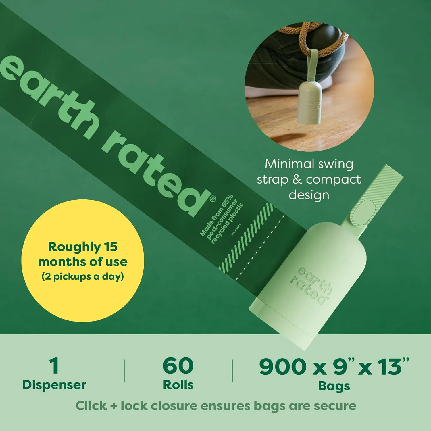 Earth Rated Dog Poop Bag Holder with Bags, Durable and Guaranteed Leakproof, Lavender Scented, 1 Dispenser and 900 Count