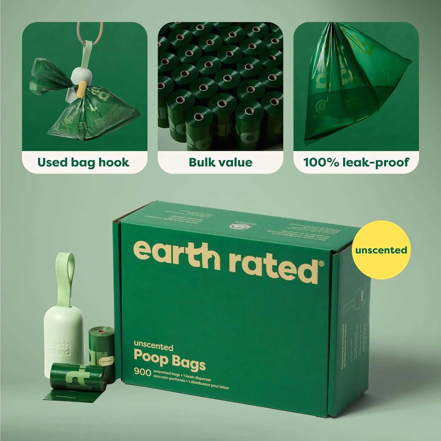 Earth Rated Dog Poop Bag Holder with Bags, Durable and Guaranteed Leakproof, Lavender Scented, 1 Dispenser and 900 Count