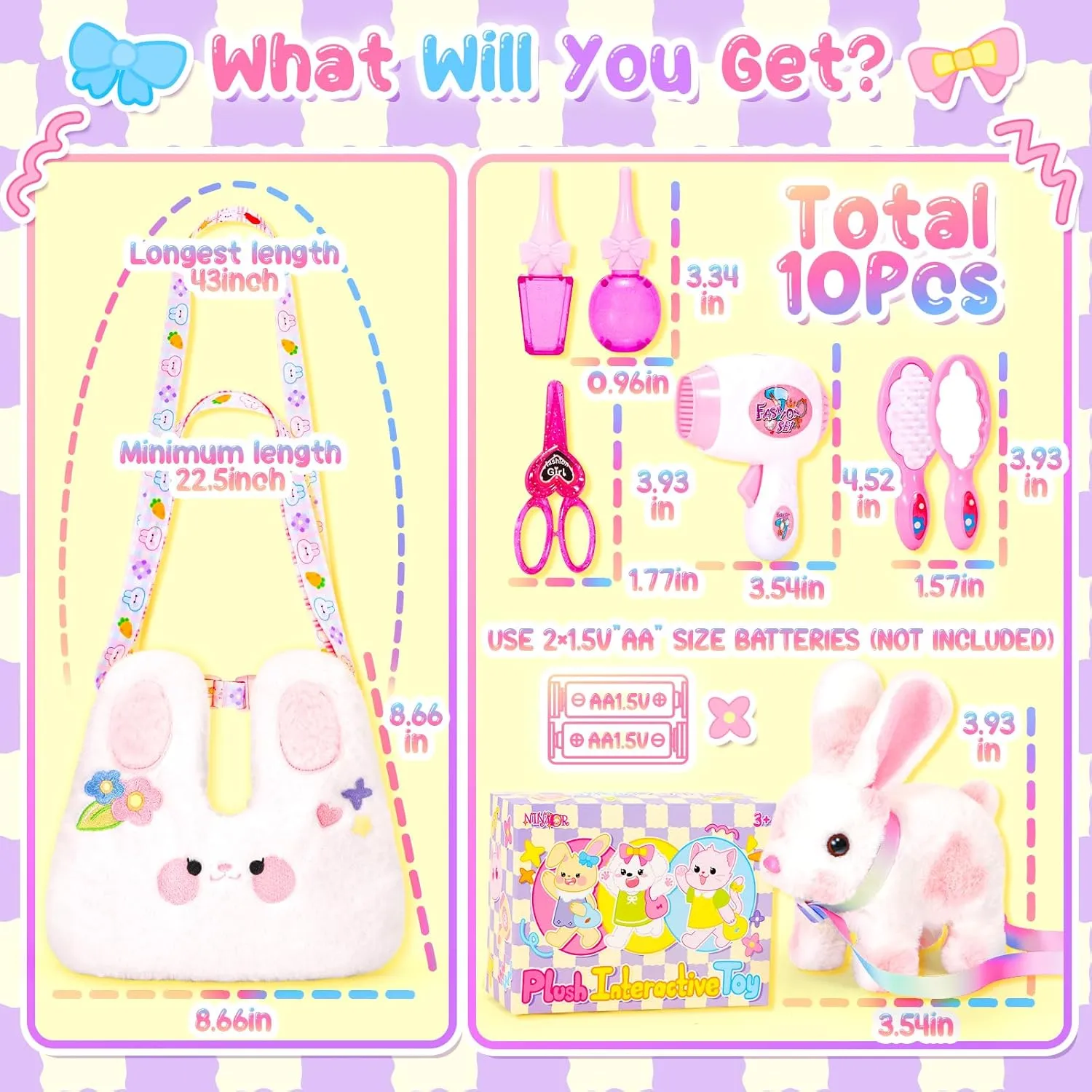 Easter Bunny Toys for Kids with Crossbody Bags, Easter Basket Stuffers Interactive Hopping Wiggle Ears Rabbit Toy, Pretend Play Robot Pet Care Cute Stuff for Girls Trip Plushies Birthday Gifts