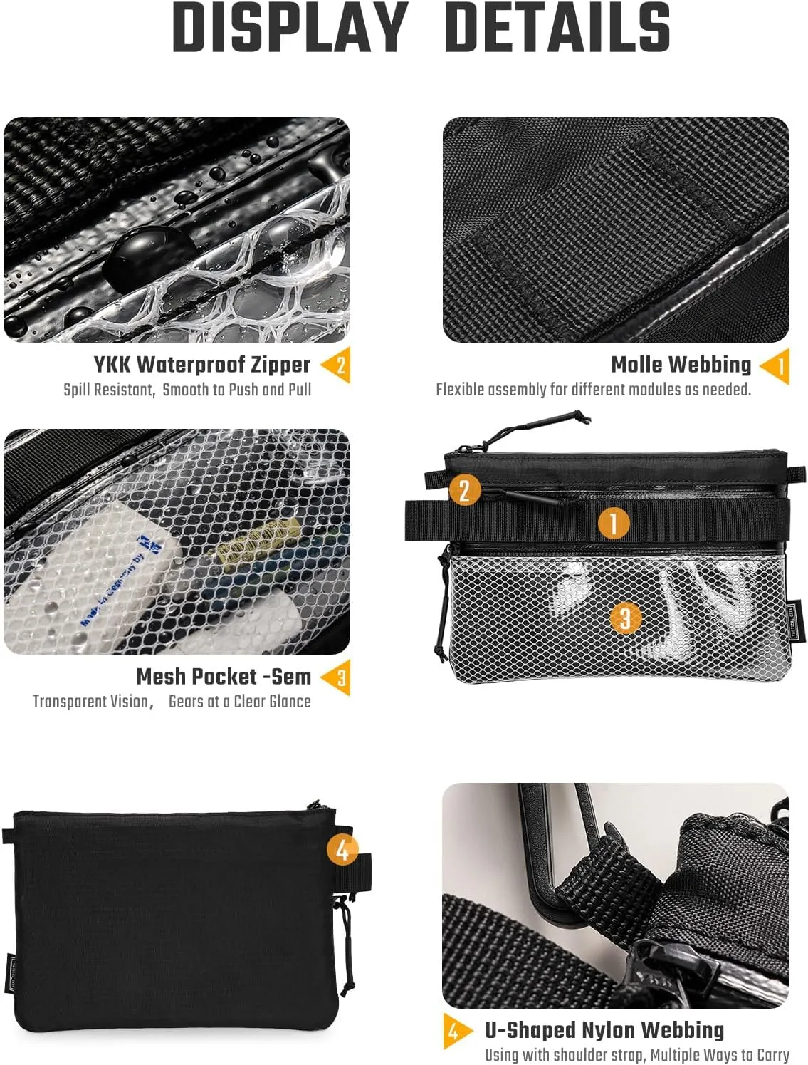 EDC Modular Carry Pouch, Waterproof Nylon Organization, Multifunctional Utility Carry Pouch, Semi-Transparent Mesh Pouch for Storing Tools, Daily Necessities
