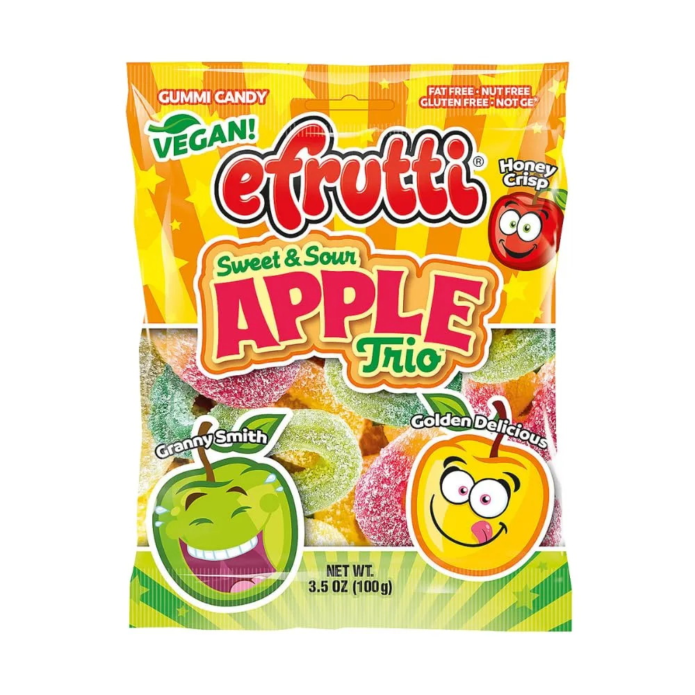 Efruttii Sweet & Sour Apple Trio, Vegan Gummy Candy, 3.5oz (12 PACK)