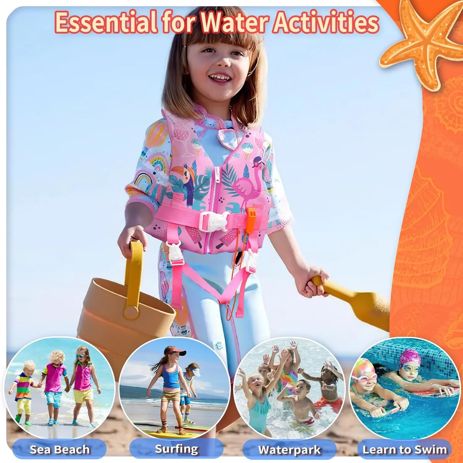 Elejolie Toddler Swim Vest for 1-9  Years, Water Safety Aid Jacket with Crotch Adjustable Belt, Floaties for 20-90 lbs, Great for Pool, Beach, Boats, Summer Vacations & Water Parks