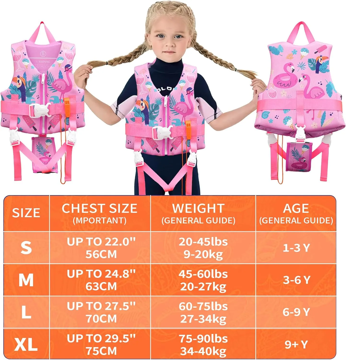 Elejolie Toddler Swim Vest for 1-9  Years, Water Safety Aid Jacket with Crotch Adjustable Belt, Floaties for 20-90 lbs, Great for Pool, Beach, Boats, Summer Vacations & Water Parks