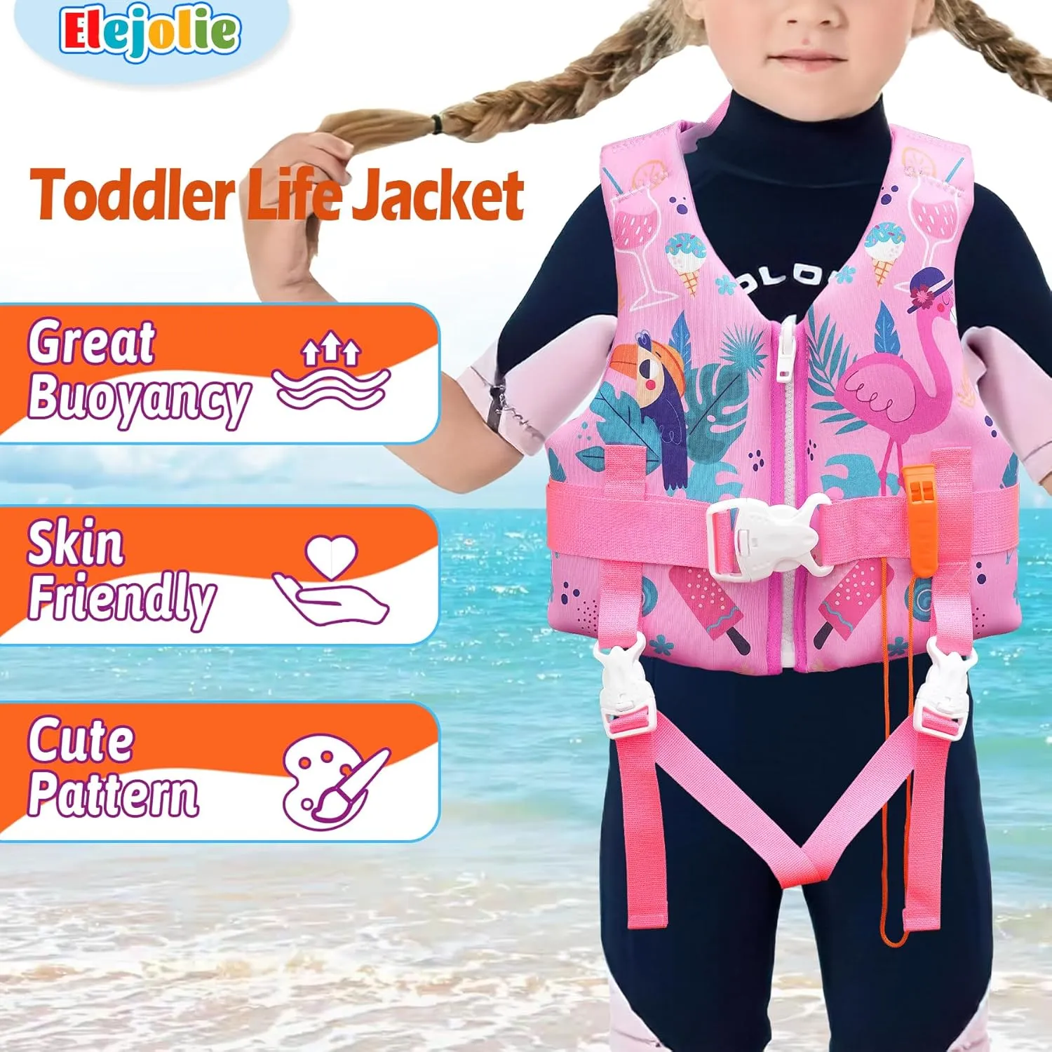 Elejolie Toddler Swim Vest for 1-9  Years, Water Safety Aid Jacket with Crotch Adjustable Belt, Floaties for 20-90 lbs, Great for Pool, Beach, Boats, Summer Vacations & Water Parks