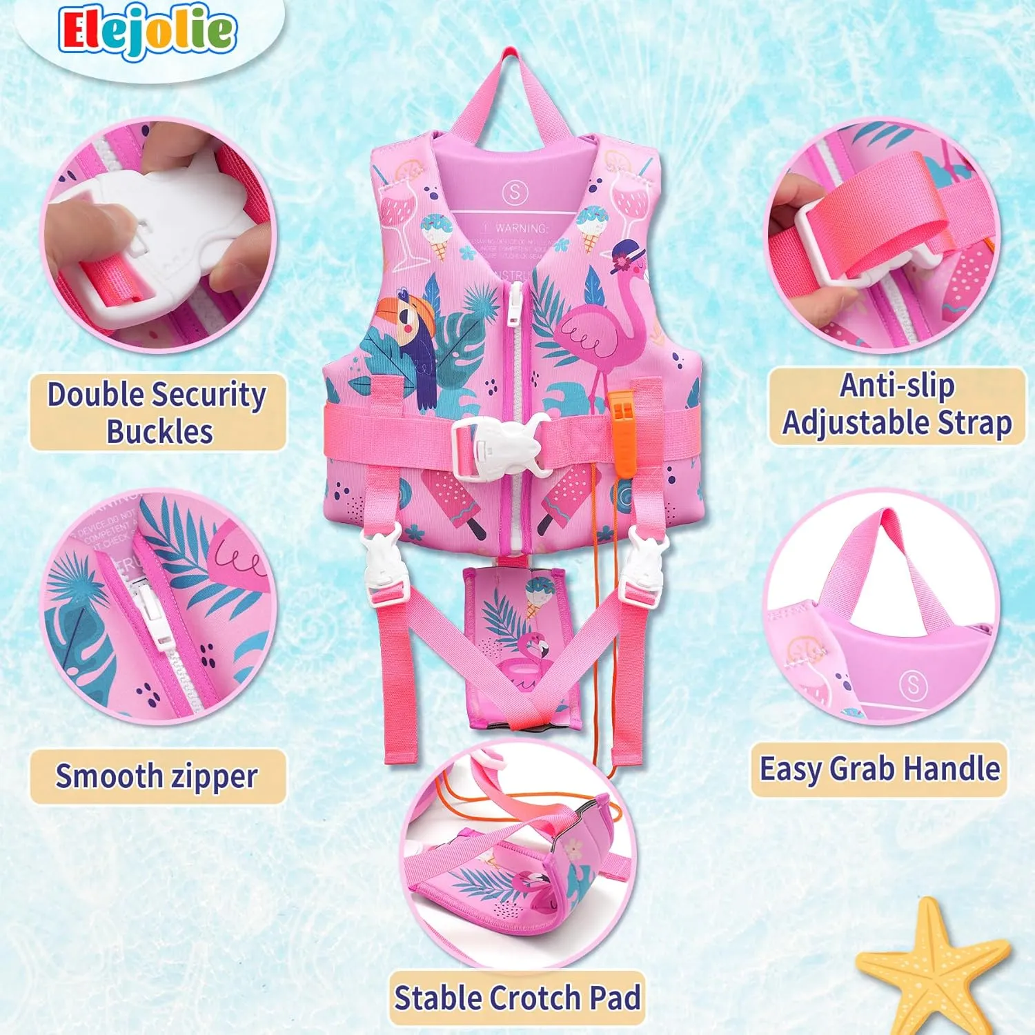 Elejolie Toddler Swim Vest for 1-9  Years, Water Safety Aid Jacket with Crotch Adjustable Belt, Floaties for 20-90 lbs, Great for Pool, Beach, Boats, Summer Vacations & Water Parks