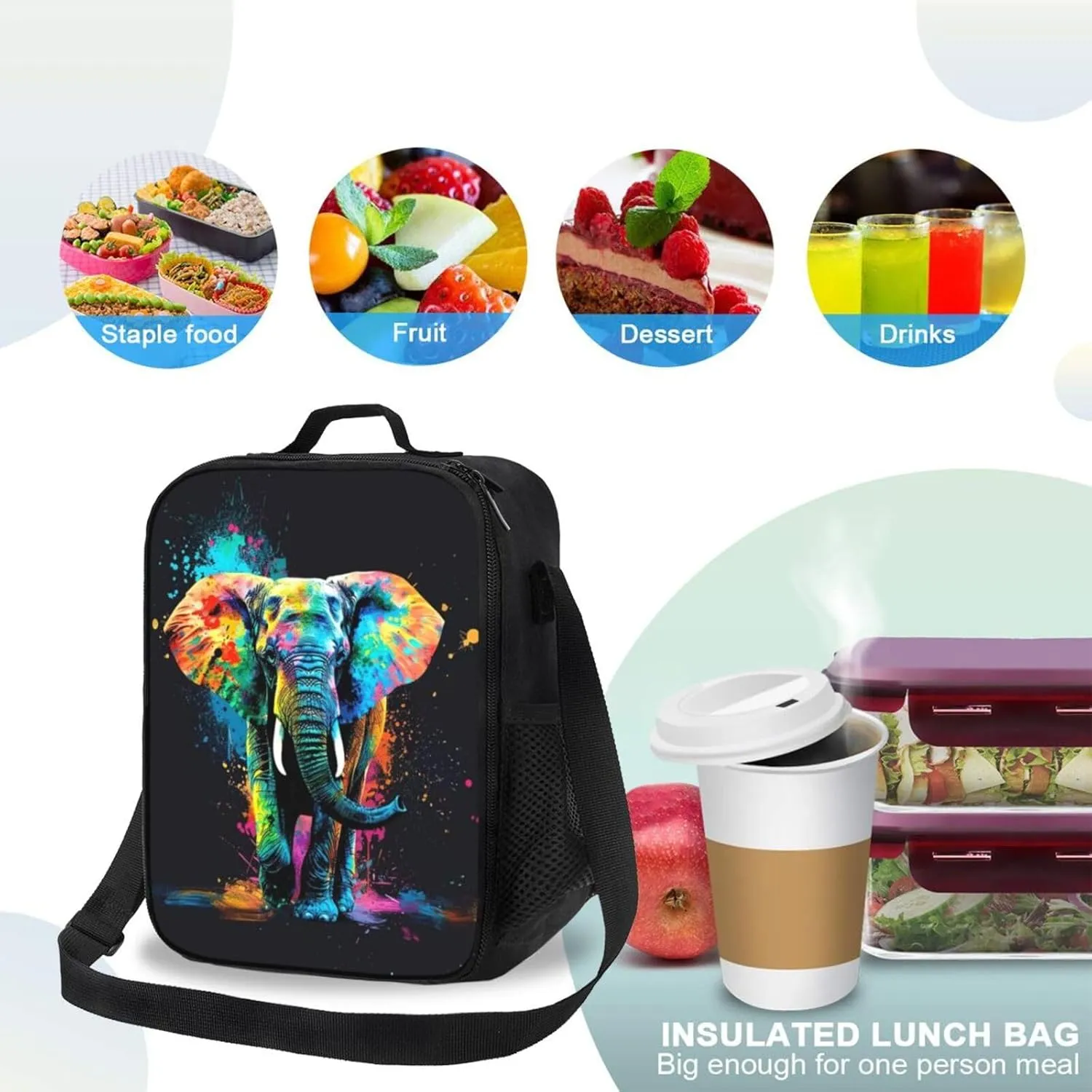 Elephant Lunch Box Insulated Lunch Bag for Women Men Reusable Large Capacity Lunchbox with Shoulder Strap Small Leakproof Cooler Food Bento Tote Bag for Work Travel Picnic