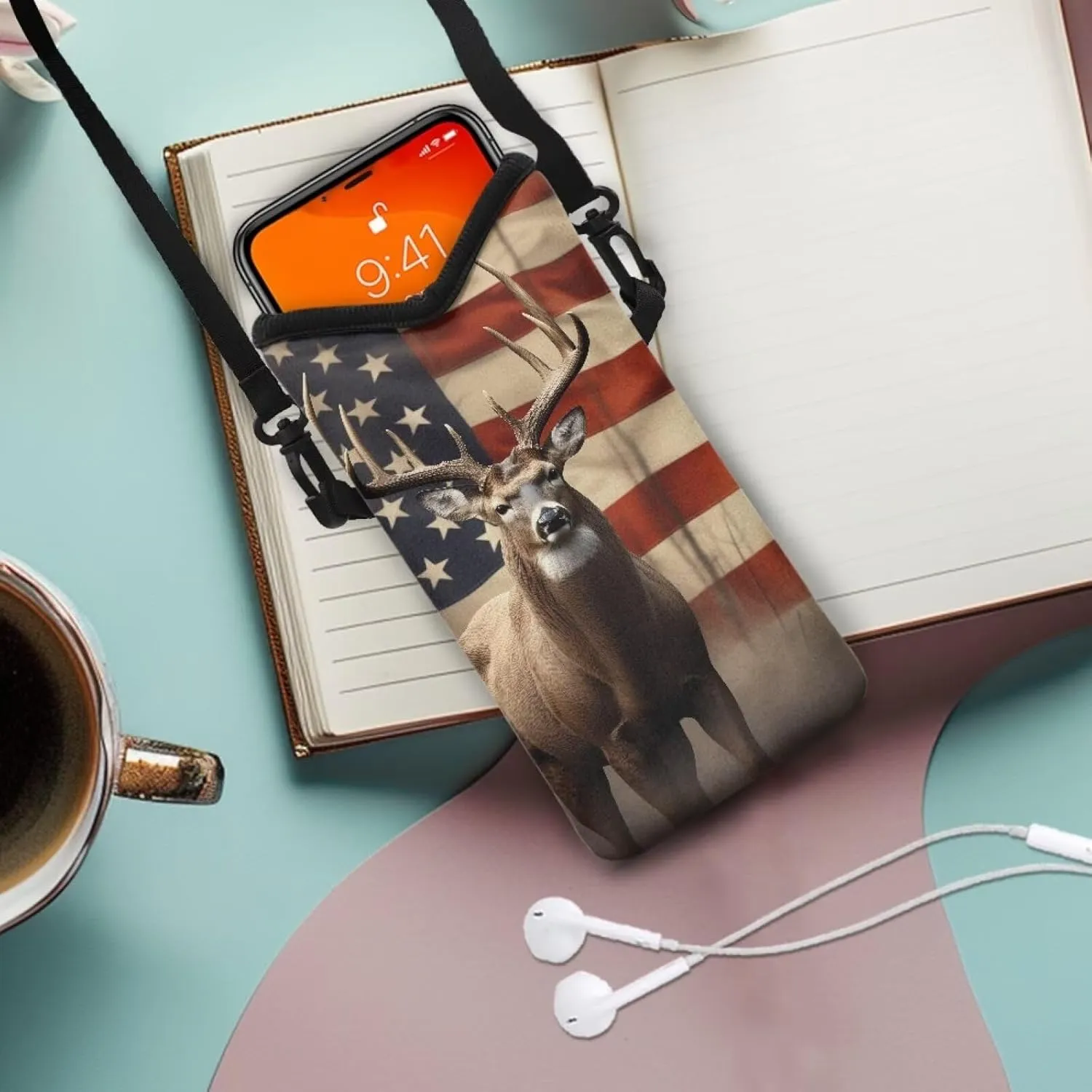 Elk American Flag Print Protective Cell Phone Sleeves for Women Men Mini Shoulder Phone Pouch Compact Soft Phone Sleeve with Adjustable Buckle Phone Bag