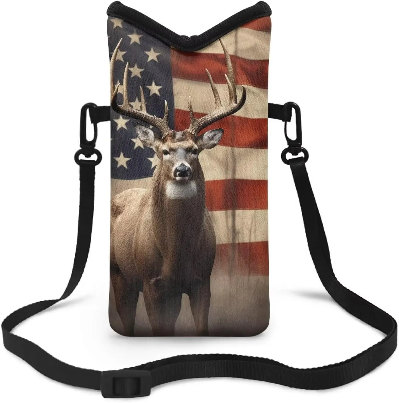 Elk American Flag Print Protective Cell Phone Sleeves for Women Men Mini Shoulder Phone Pouch Compact Soft Phone Sleeve with Adjustable Buckle Phone Bag